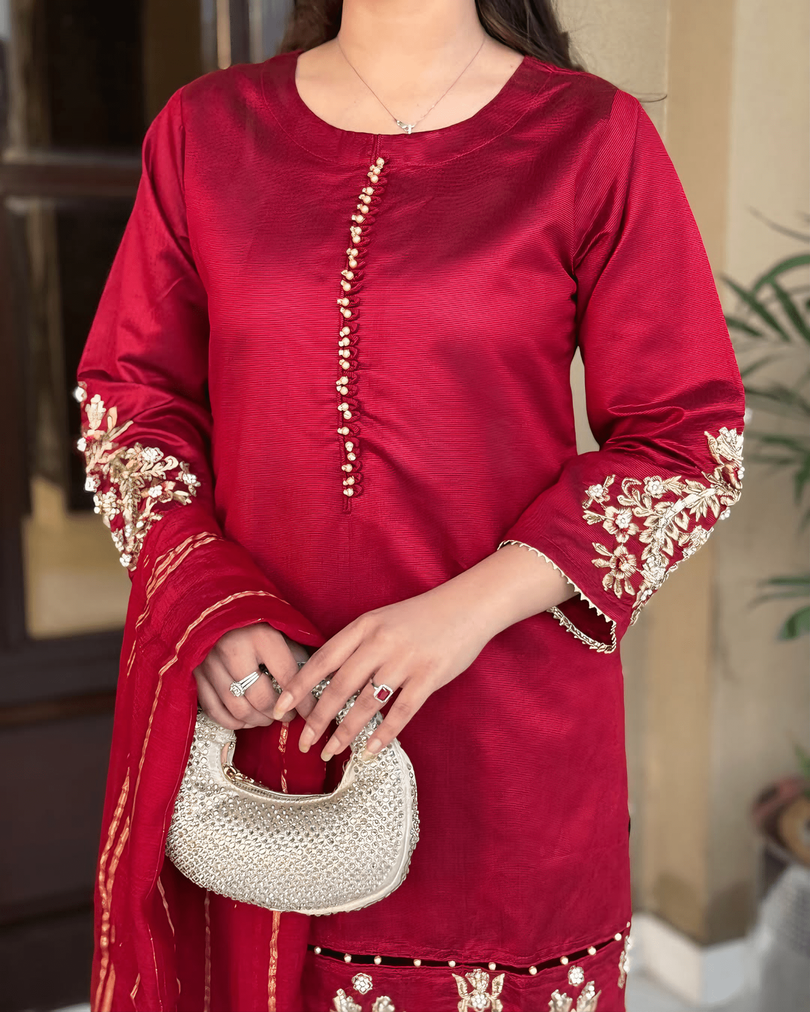 Elara – Crimson Luxe Embroidered Karandi Suit - Qalbi Loom