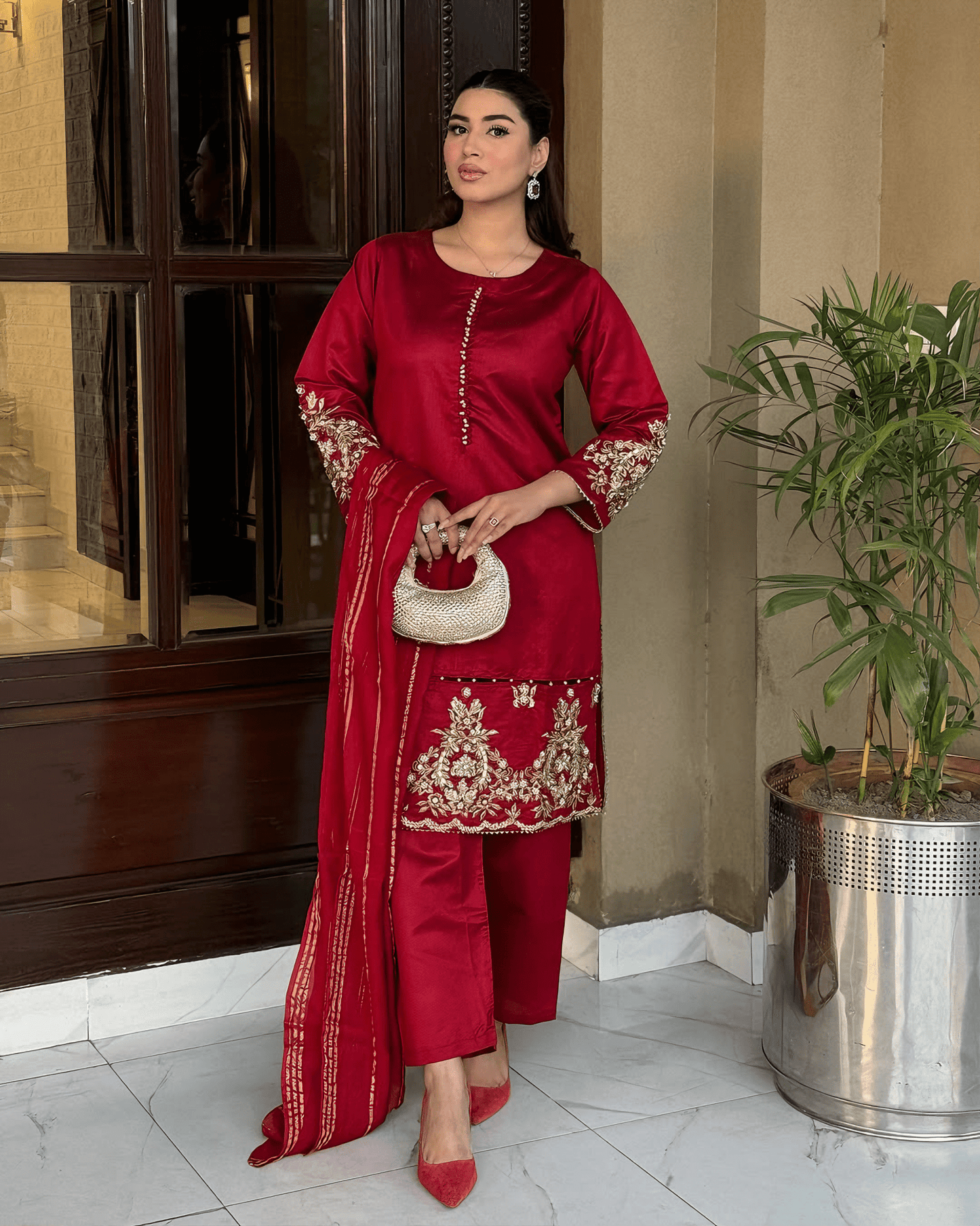 Elara – Crimson Luxe Embroidered Karandi Suit - Qalbi Loom