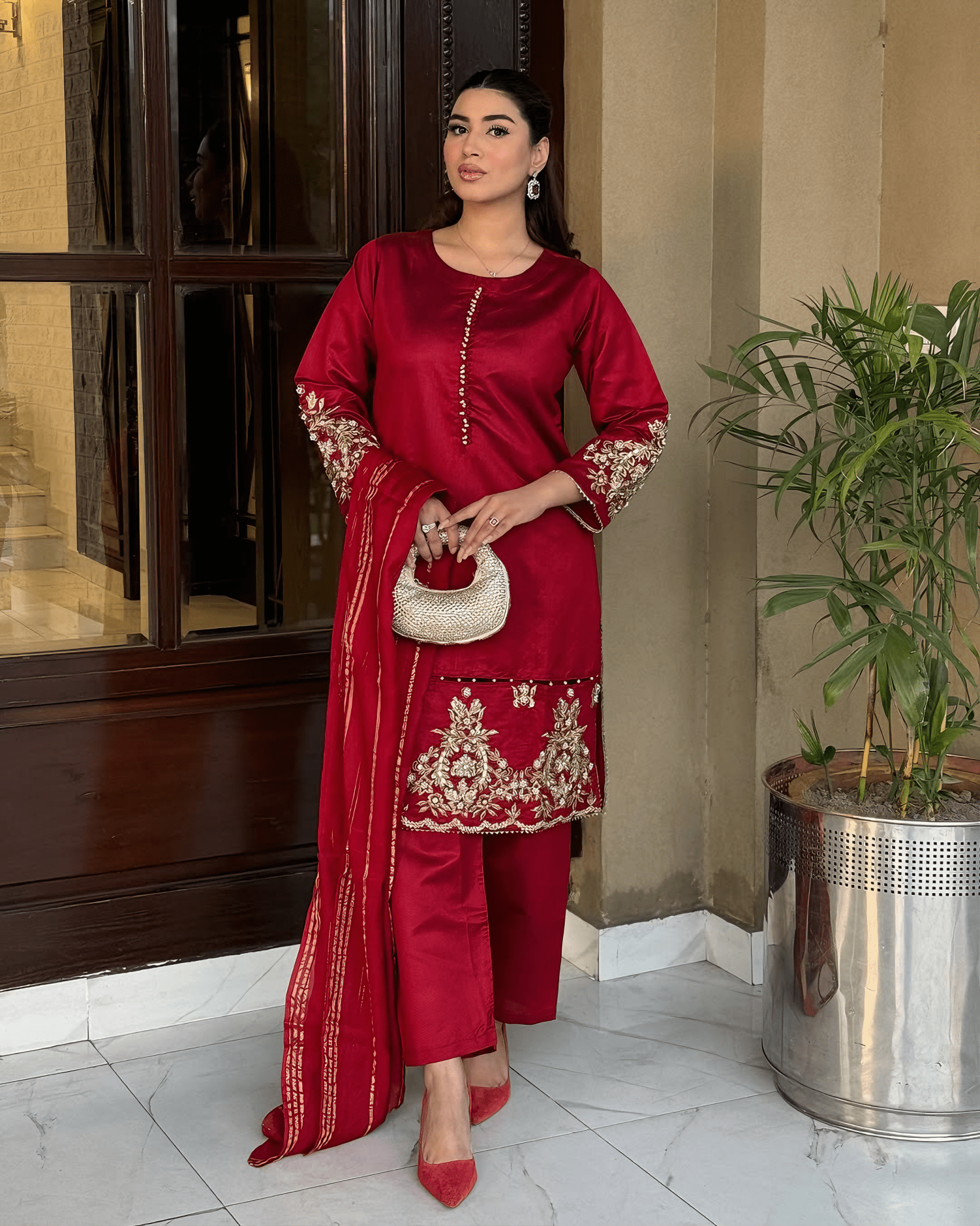 Elara – Crimson Luxe Embroidered Karandi Suit - Qalbi Loom