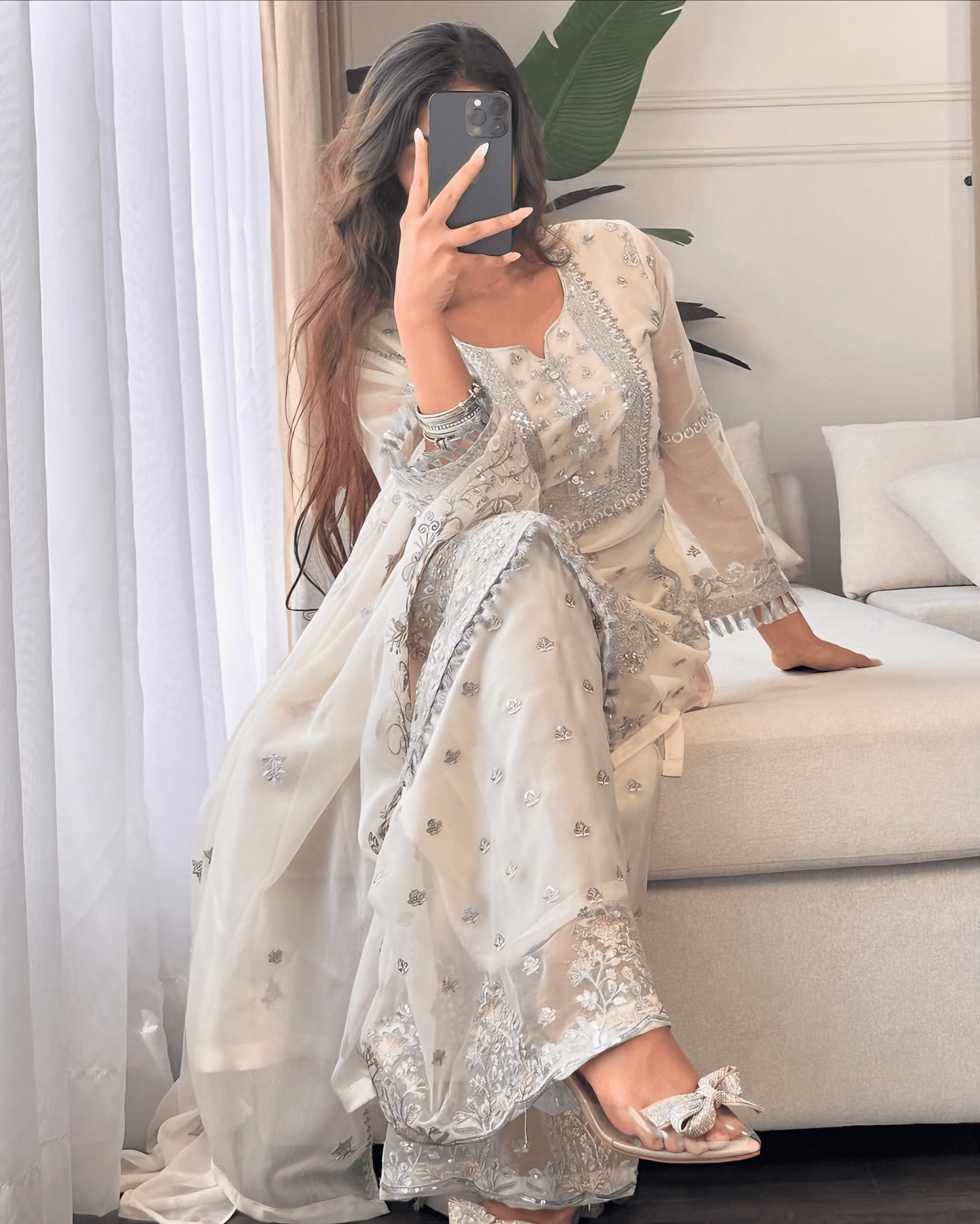 Elegant Noor – Embroidered Cream Chiffon Set - Qalbi Loom