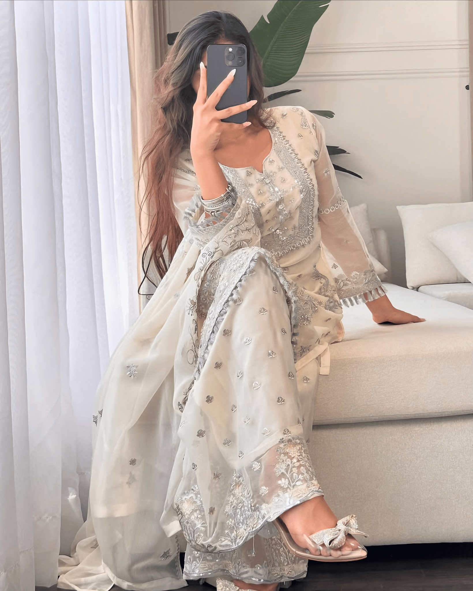 Elegant Noor – Embroidered Cream Chiffon Set - Qalbi Loom