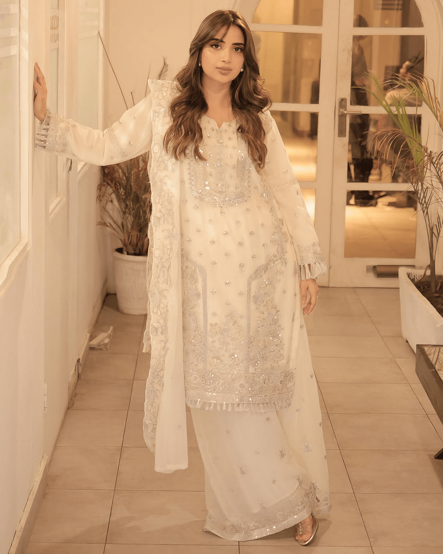 Elegant Noor – Embroidered Cream Chiffon Set - Qalbi Loom