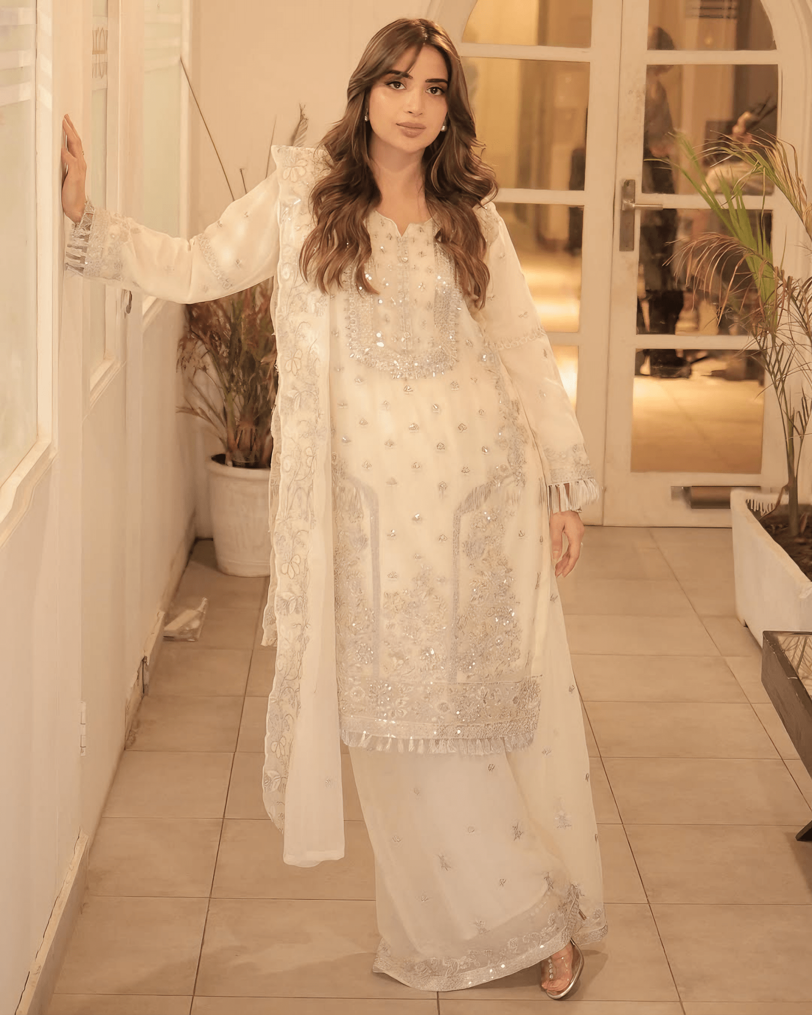 Elegant Noor – Embroidered Cream Chiffon Set - Qalbi Loom