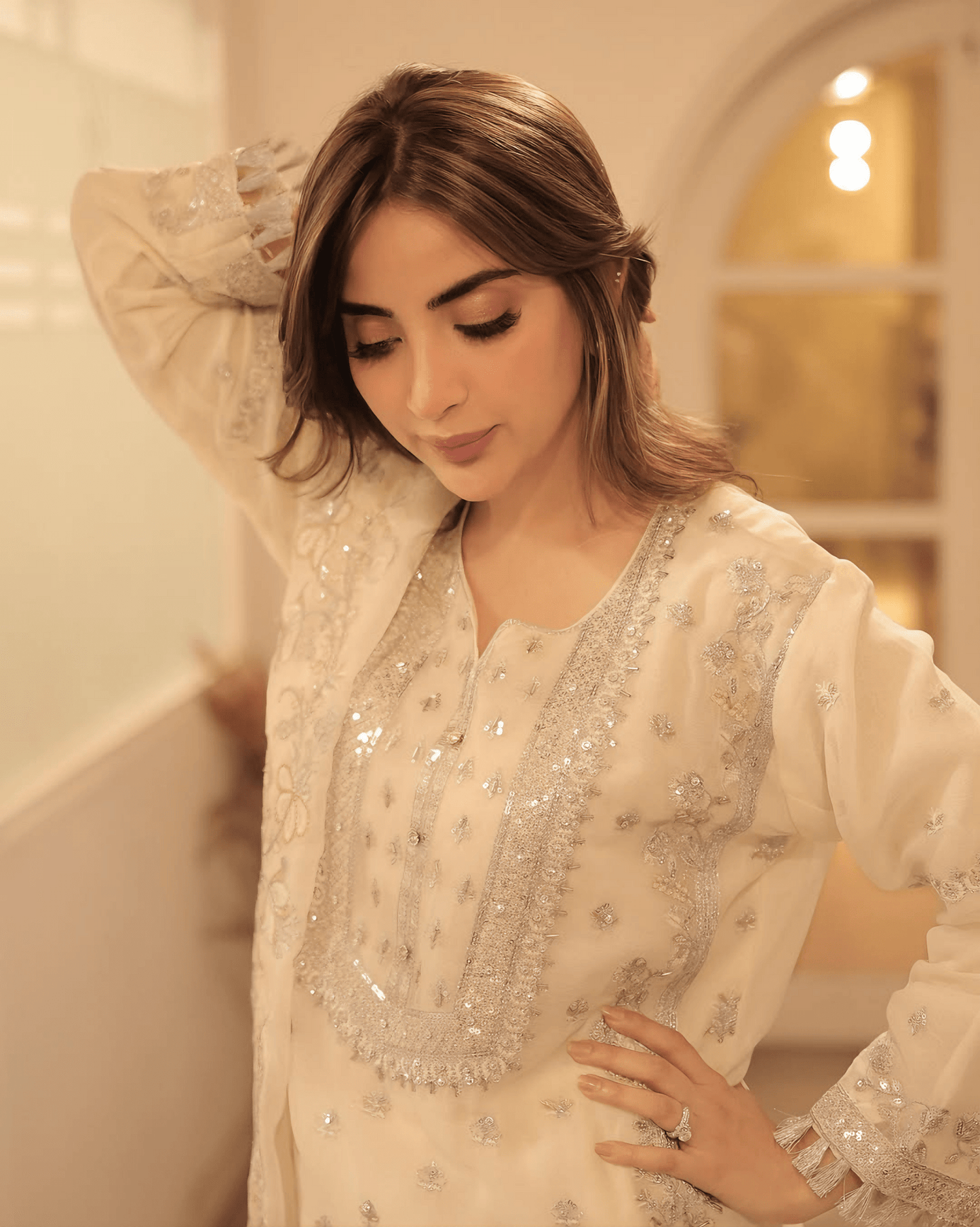 Elegant Noor – Embroidered Cream Chiffon Set - Qalbi Loom
