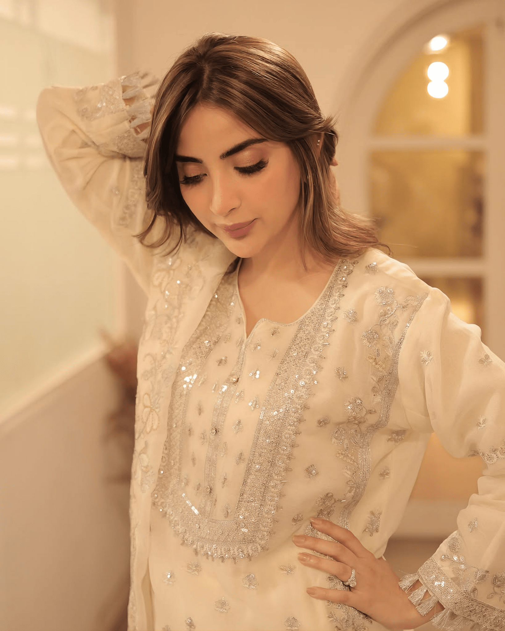 Elegant Noor – Embroidered Cream Chiffon Set - Qalbi Loom