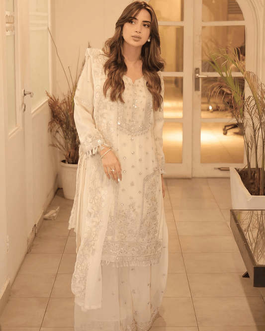 Elegant Noor – Embroidered Cream Chiffon Set - Qalbi Loom