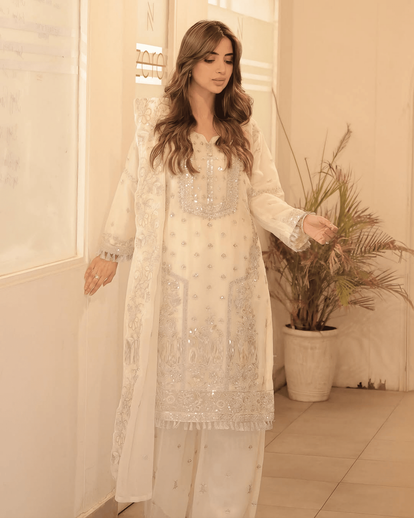 Elegant Noor – Embroidered Cream Chiffon Set - Qalbi Loom