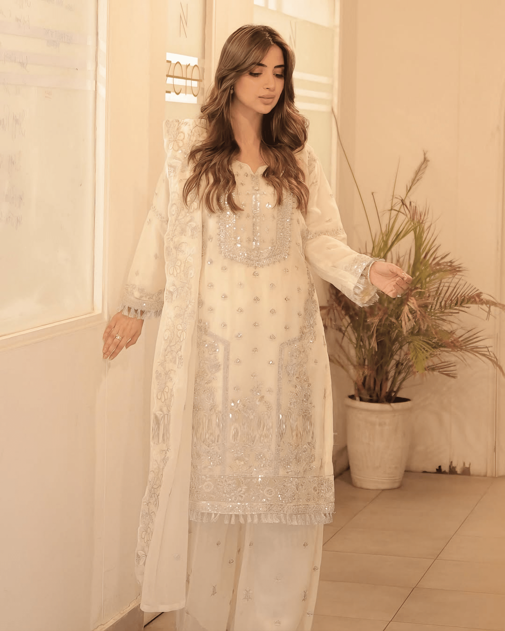 Elegant Noor – Embroidered Cream Chiffon Set - Qalbi Loom