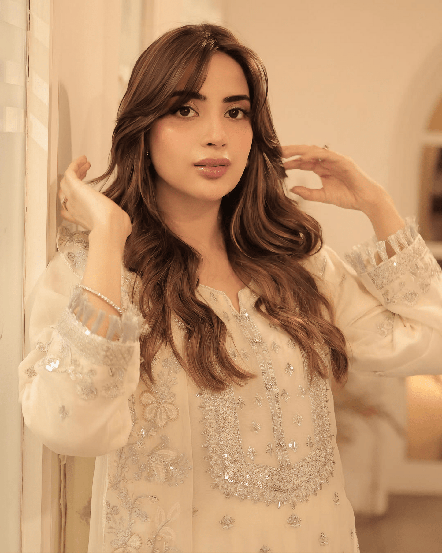 Elegant Noor – Embroidered Cream Chiffon Set - Qalbi Loom
