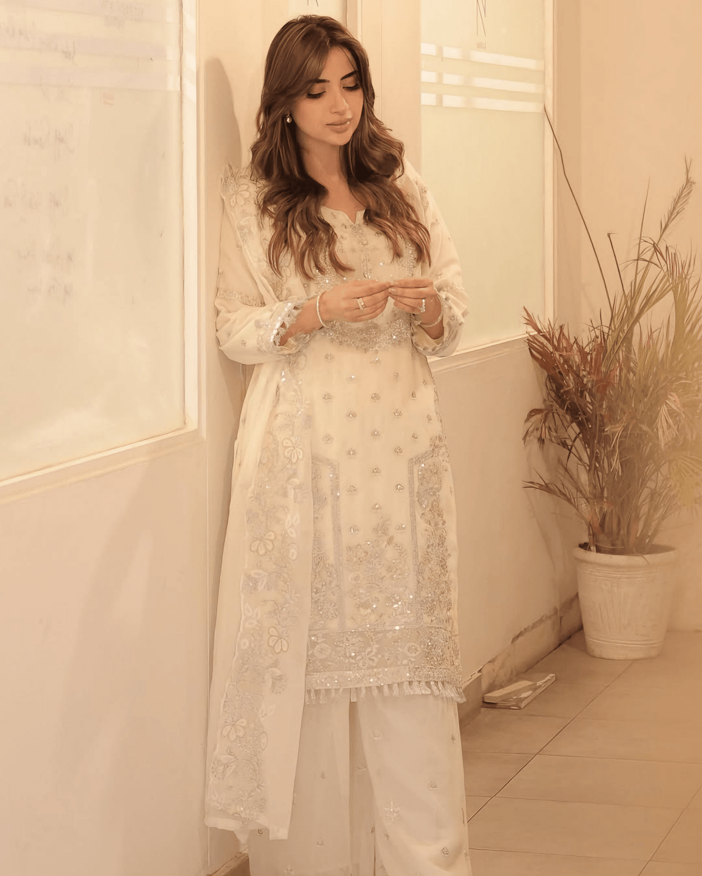 Elegant Noor – Embroidered Cream Chiffon Set - Qalbi Loom