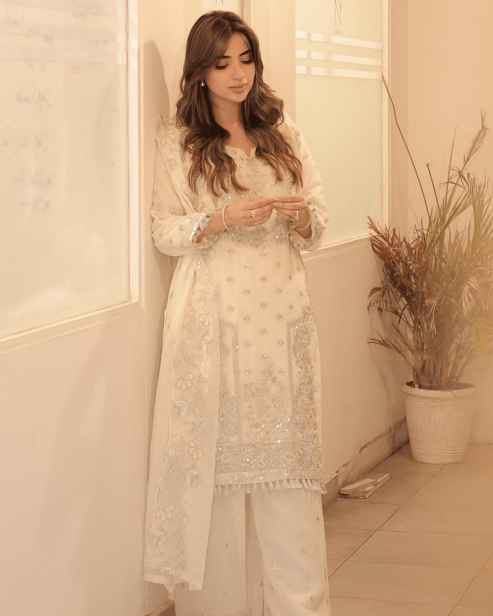 Elegant Noor – Embroidered Cream Chiffon Set - Qalbi Loom