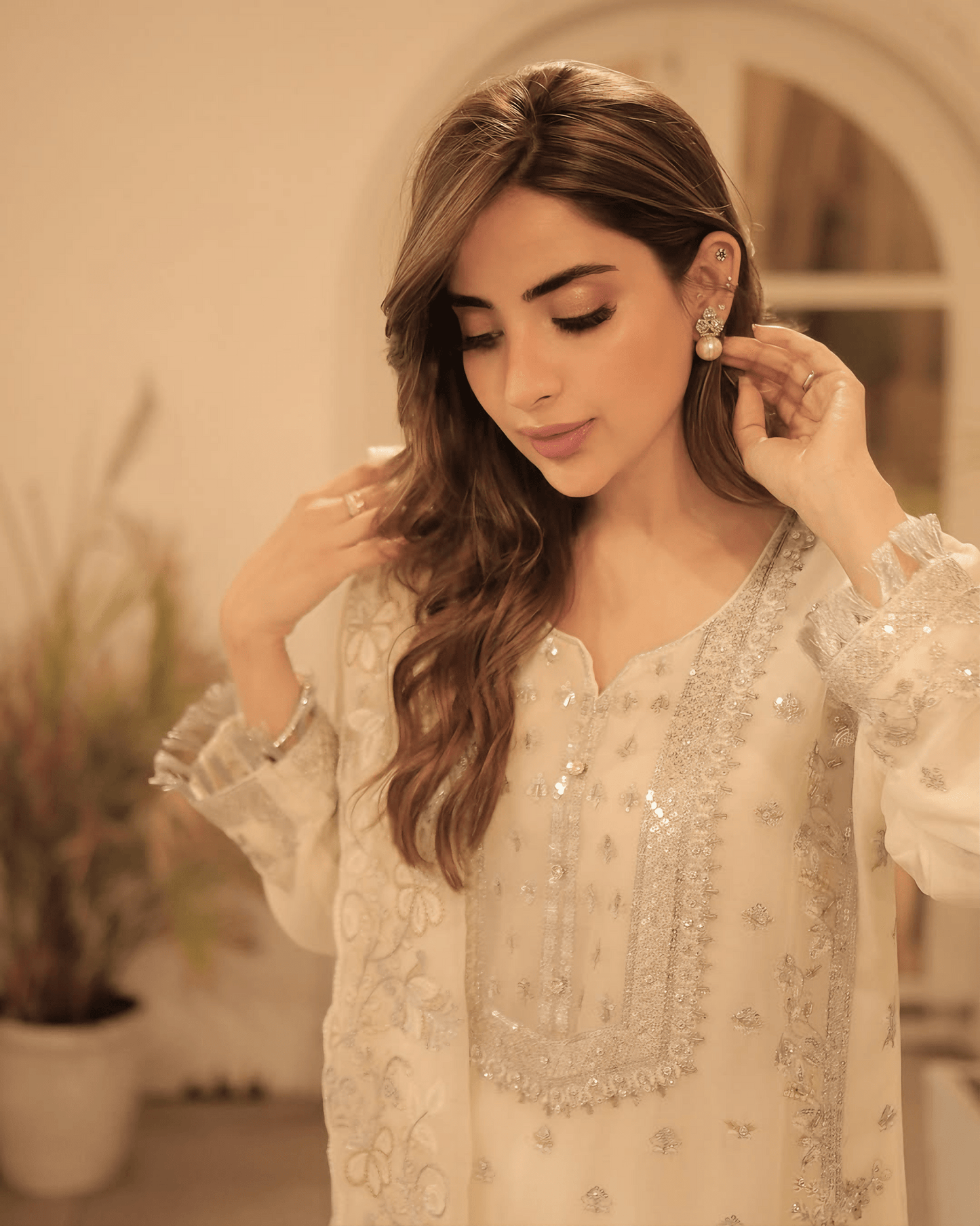 Elegant Noor – Embroidered Cream Chiffon Set - Qalbi Loom
