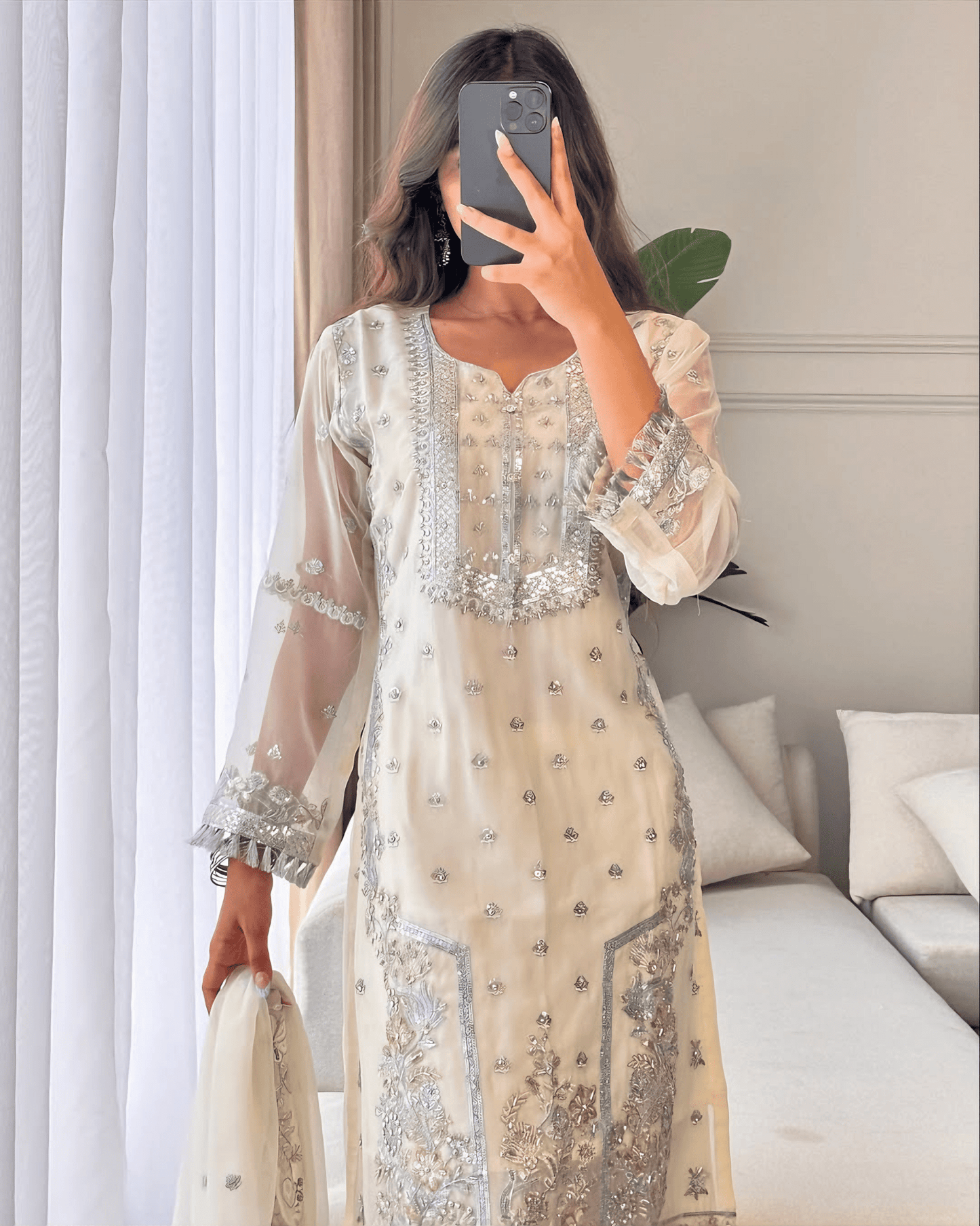 Elegant Noor – Embroidered Cream Chiffon Set - Qalbi Loom