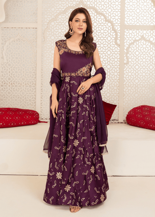 Elegant Purple Silk Maxi with Embroidery – Wedding Wear - Qalbi Loom