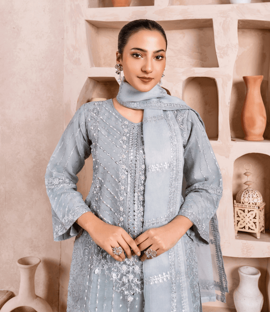 Jashn - e - Jumma – Silver Grey Embroidered Organza Kurta Set - Qalbi Loom