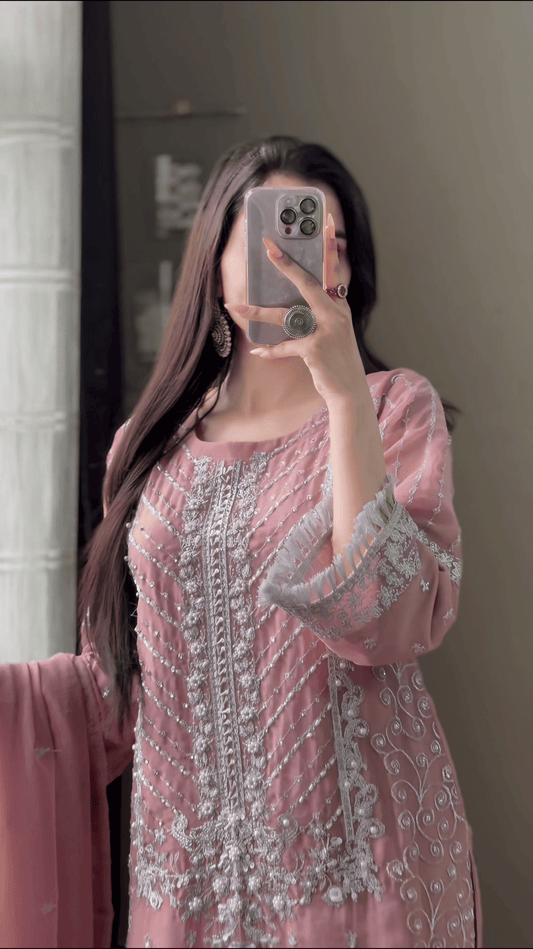Mauve Elegance - Embroidered Chiffon Luxury Ensemble - Qalbi Loom