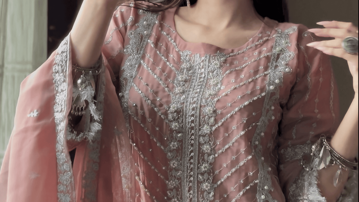 Mauve Elegance - Embroidered Chiffon Luxury Ensemble - Qalbi Loom