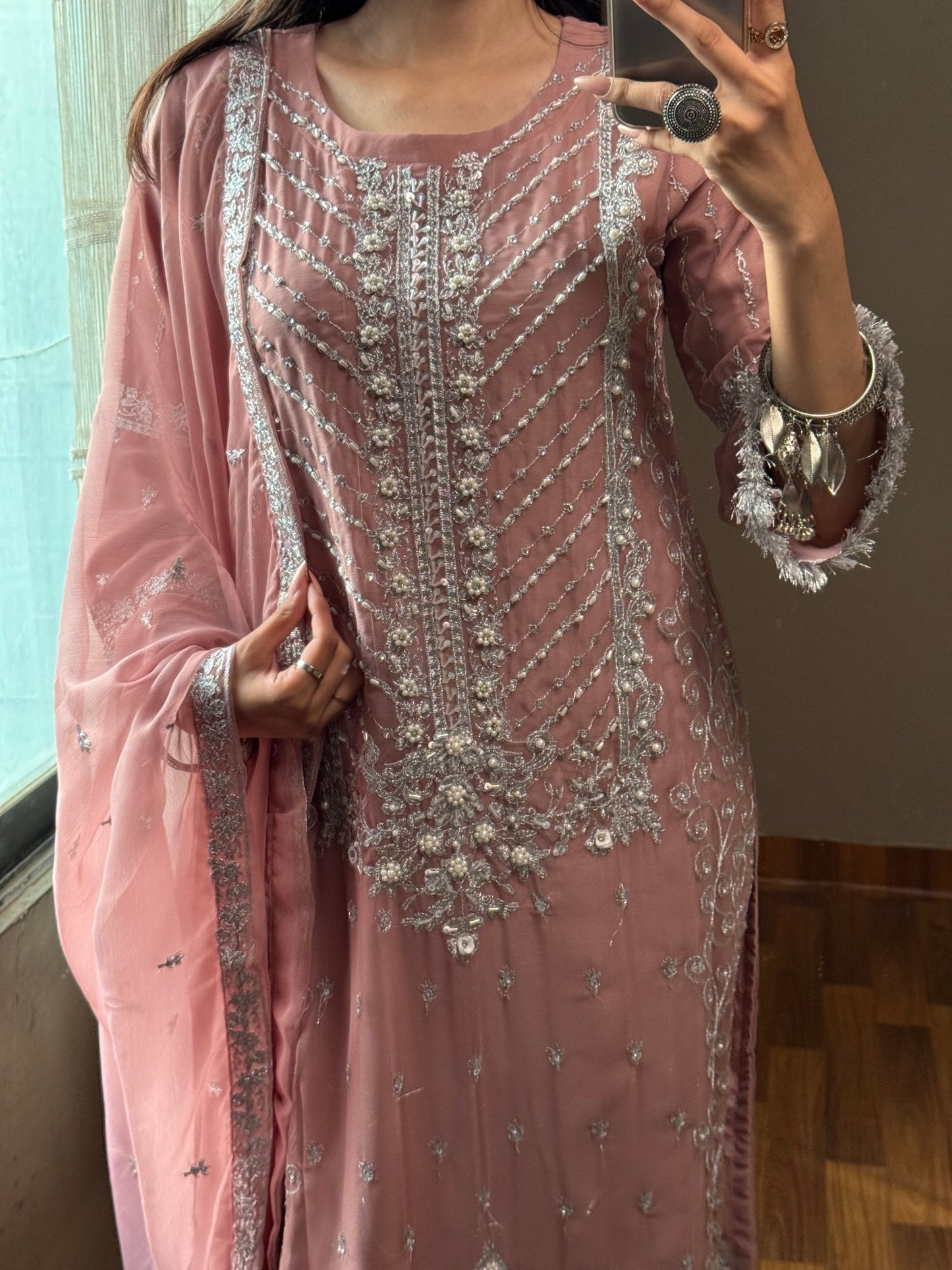 Mauve Elegance - Embroidered Chiffon Luxury Ensemble - Qalbi Loom