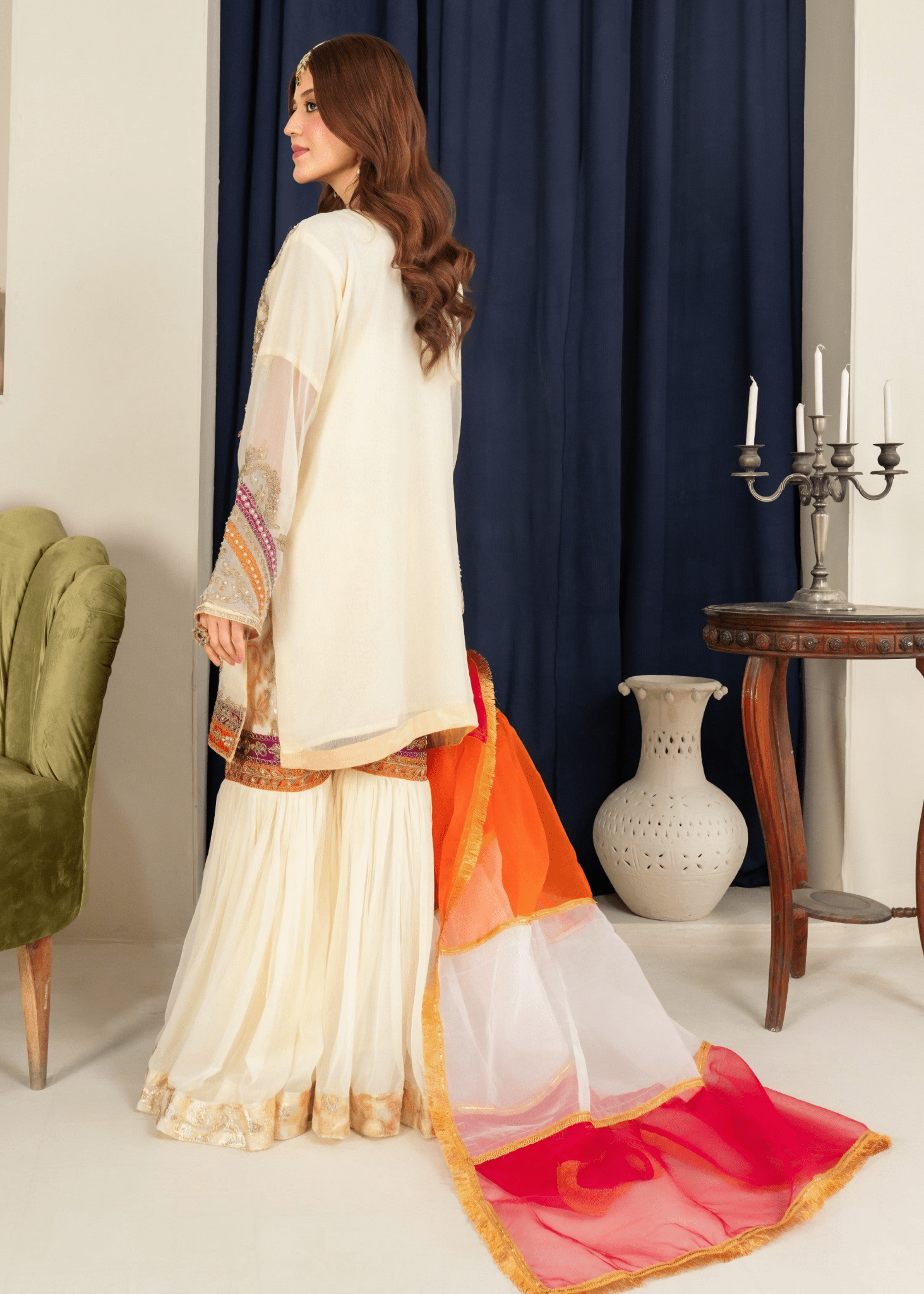Mehrbano Gharara – Embroidered Chiffon Cream Set - Qalbi Loom