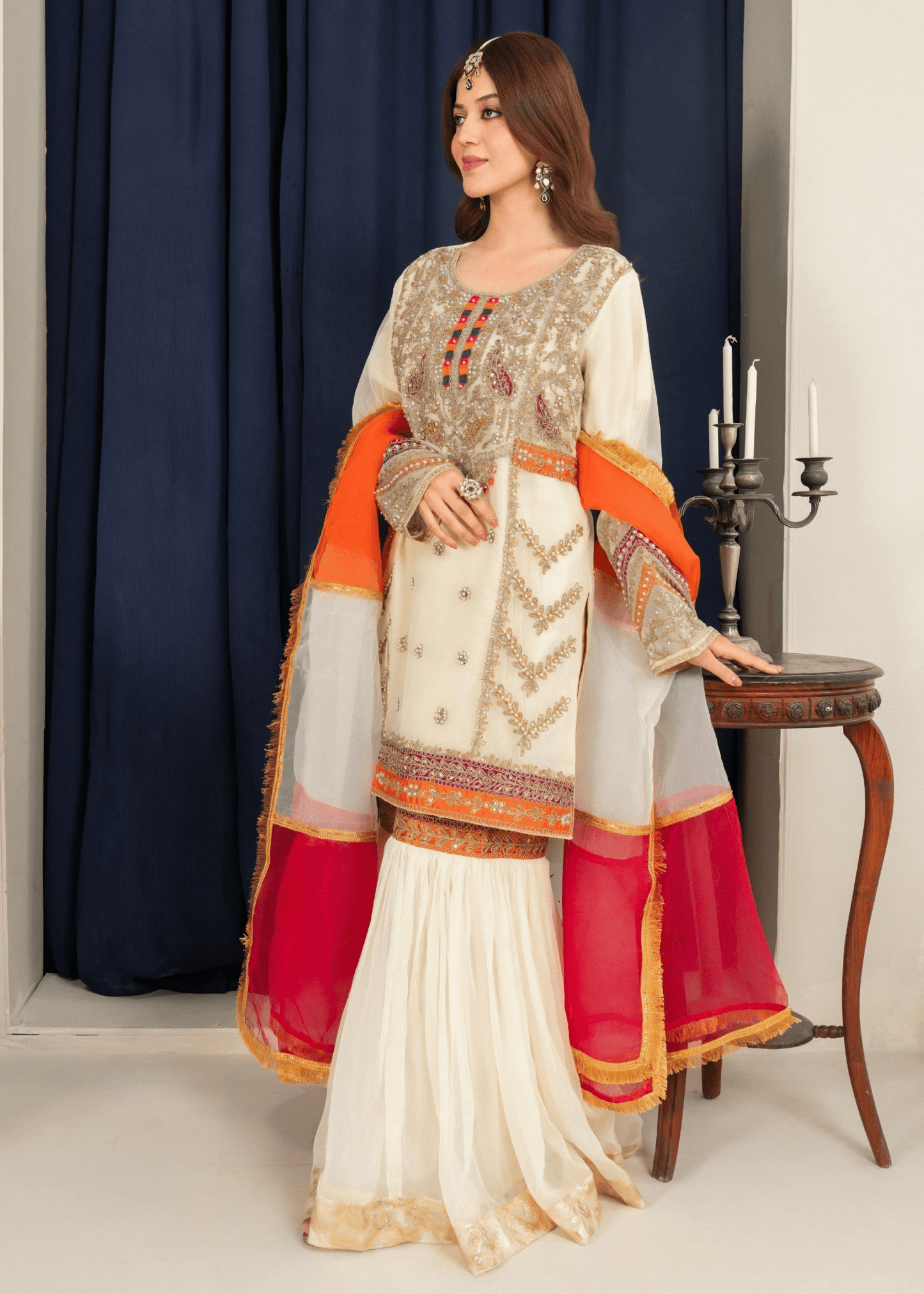 Mehrbano Gharara – Embroidered Chiffon Cream Set - Qalbi Loom