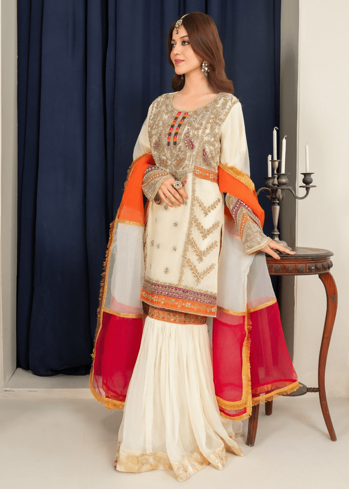 Mehrbano Gharara – Embroidered Chiffon Cream Set - Qalbi Loom