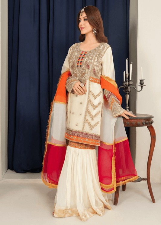 Mehrbano Gharara – Embroidered Chiffon Cream Set - Qalbi Loom