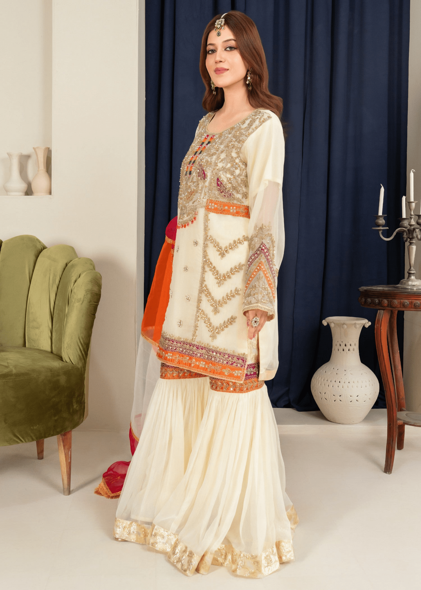 Mehrbano Gharara – Embroidered Chiffon Cream Set - Qalbi Loom