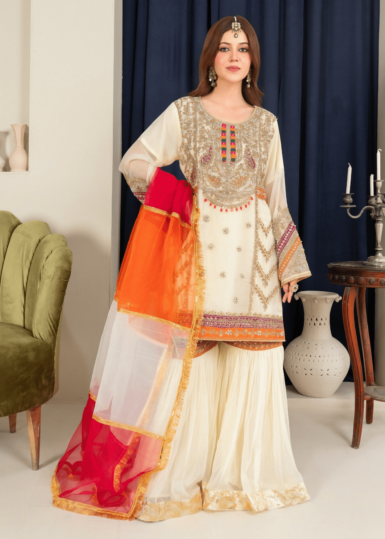 Mehrbano Gharara – Embroidered Chiffon Cream Set - Qalbi Loom
