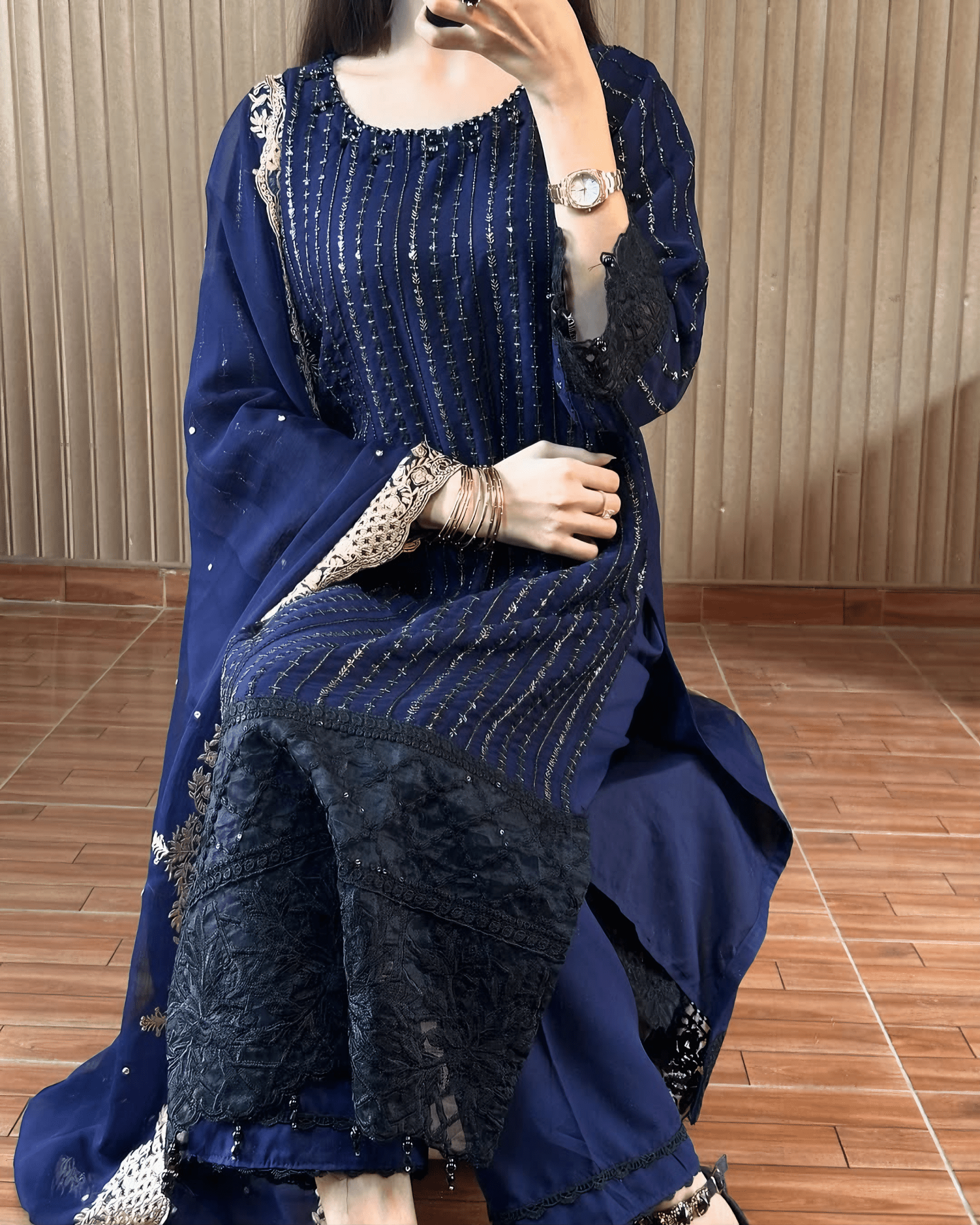 Midnight Elegance – Navy Blue Embroidered Kurta Set - Qalbi Loom