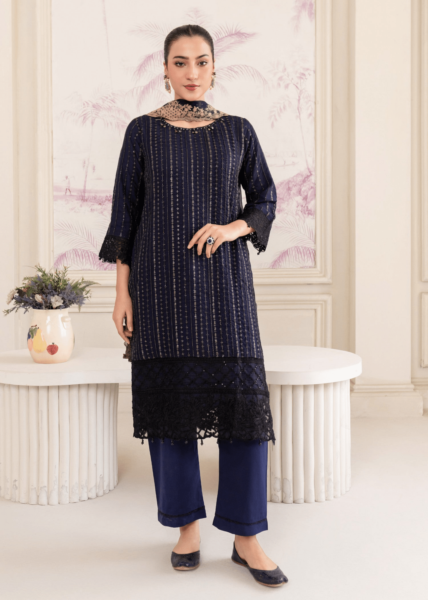 Midnight Elegance – Navy Blue Embroidered Kurta Set - Qalbi Loom