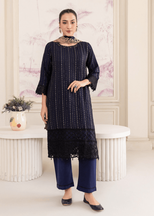 Midnight Elegance – Navy Blue Embroidered Kurta Set - Qalbi Loom
