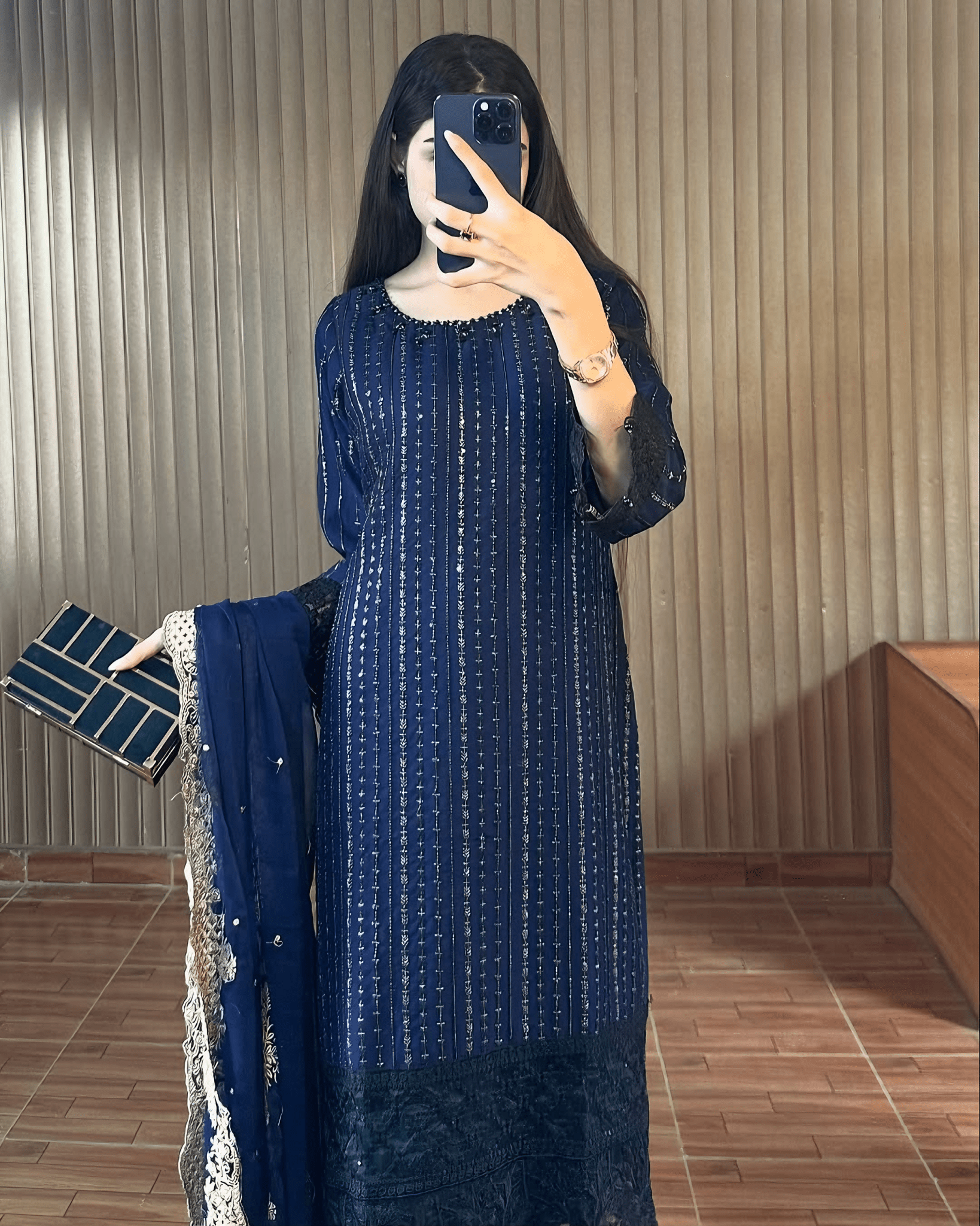 Midnight Elegance – Navy Blue Embroidered Kurta Set - Qalbi Loom