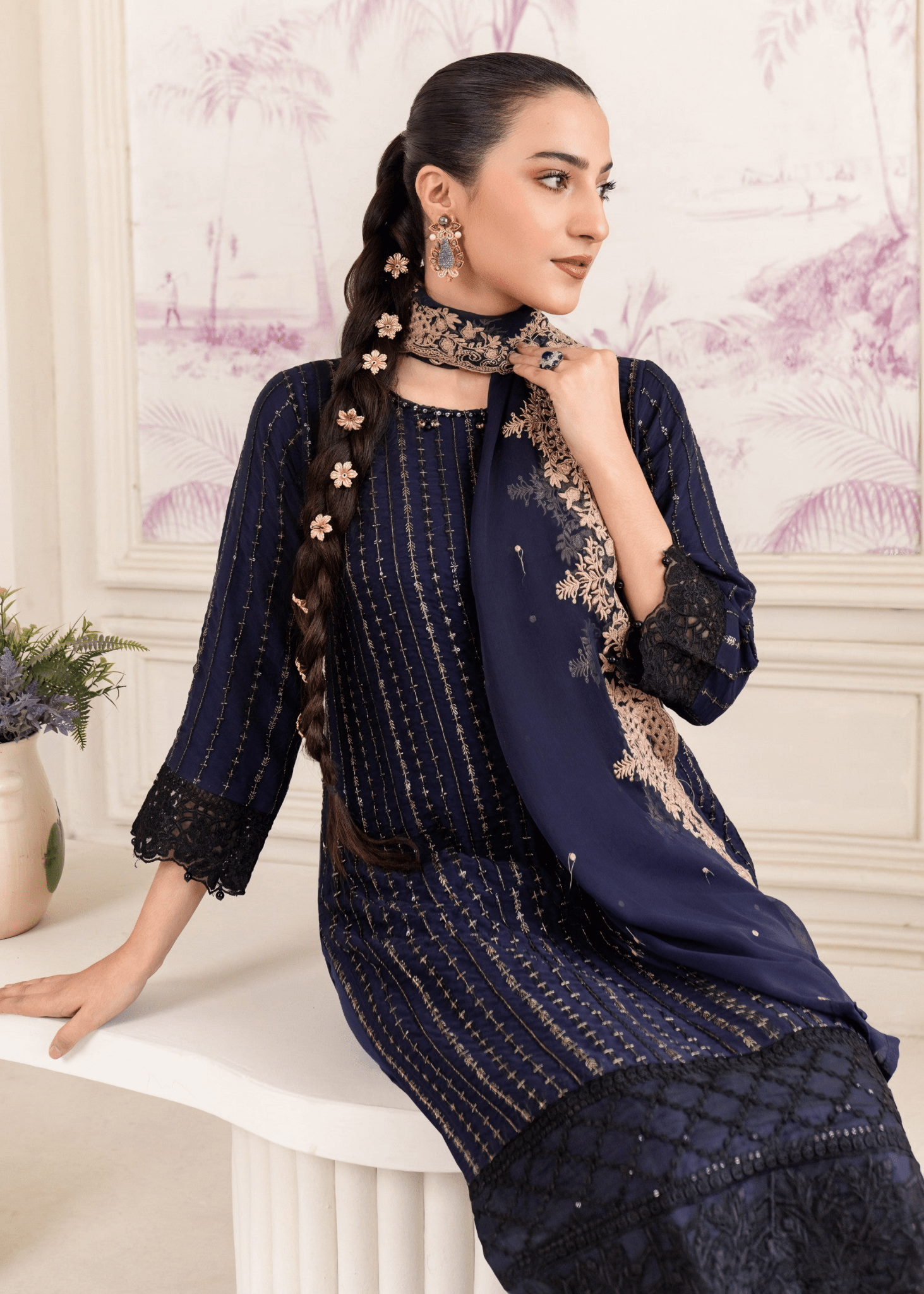 Midnight Elegance – Navy Blue Embroidered Kurta Set - Qalbi Loom