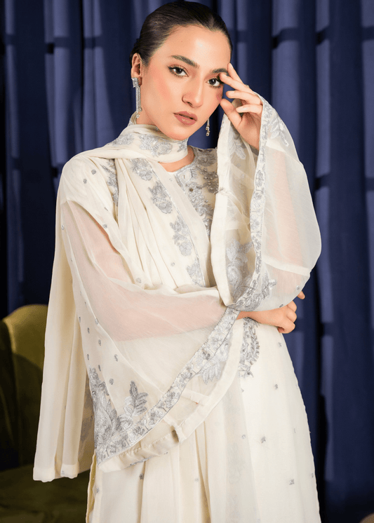 Mirha Luxe - Cream Embroidered Chiffon Kurta Set - Qalbi Loom