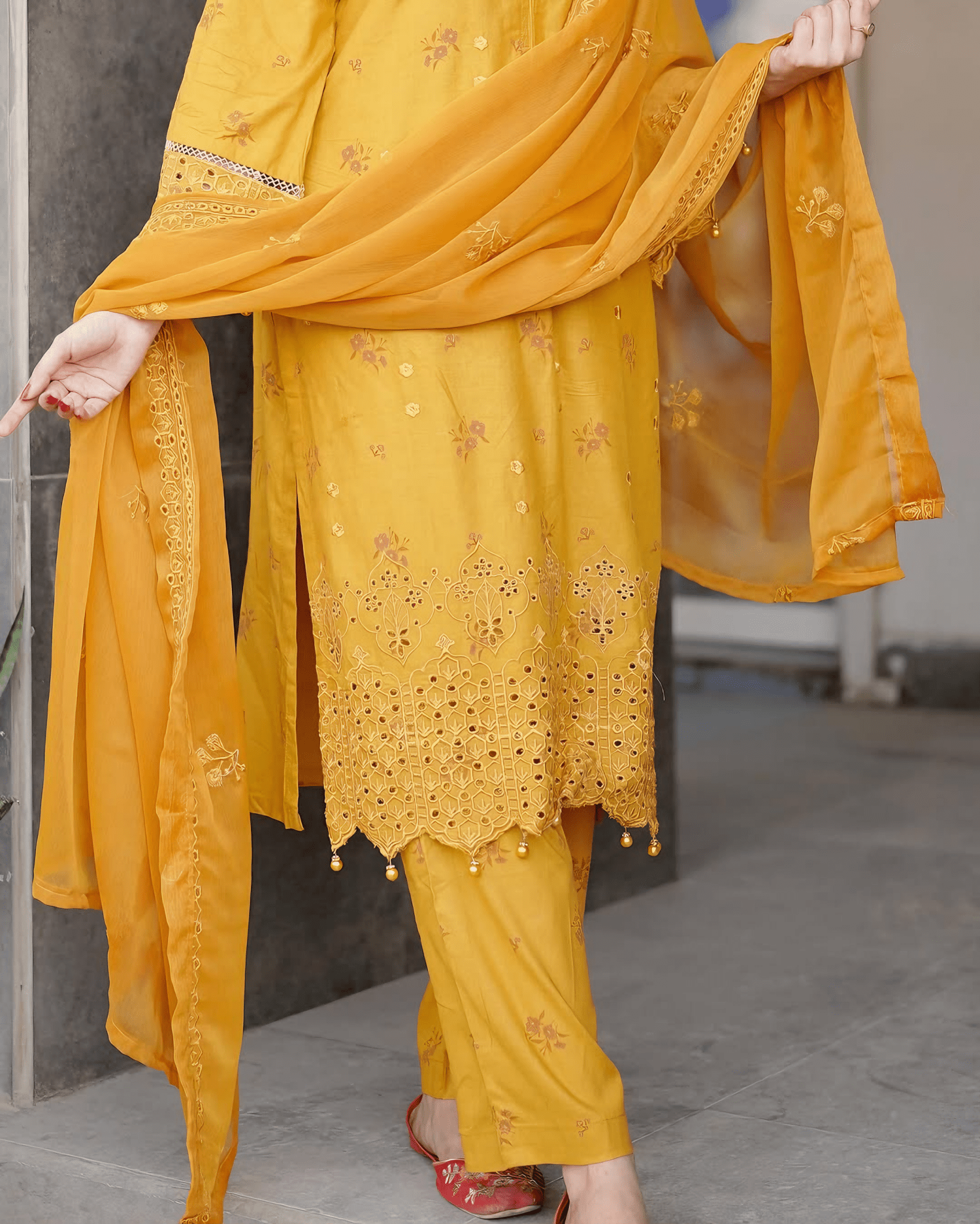 Mustard Elegance – Premium Cotton Chikankari Kurta Set with Embroidered Dupatta - Qalbi Loom
