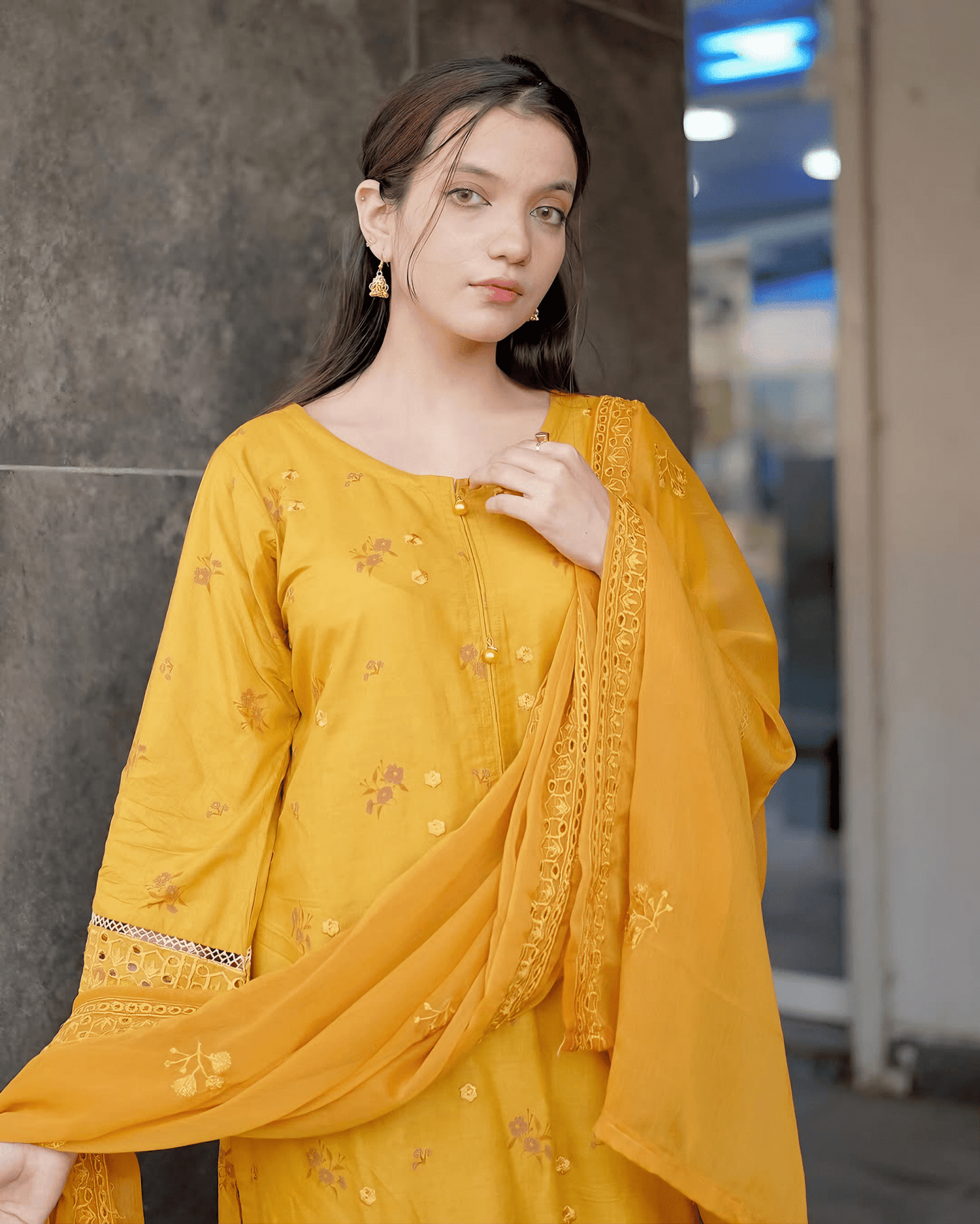 Mustard Elegance – Premium Cotton Chikankari Kurta Set with Embroidered Dupatta - Qalbi Loom