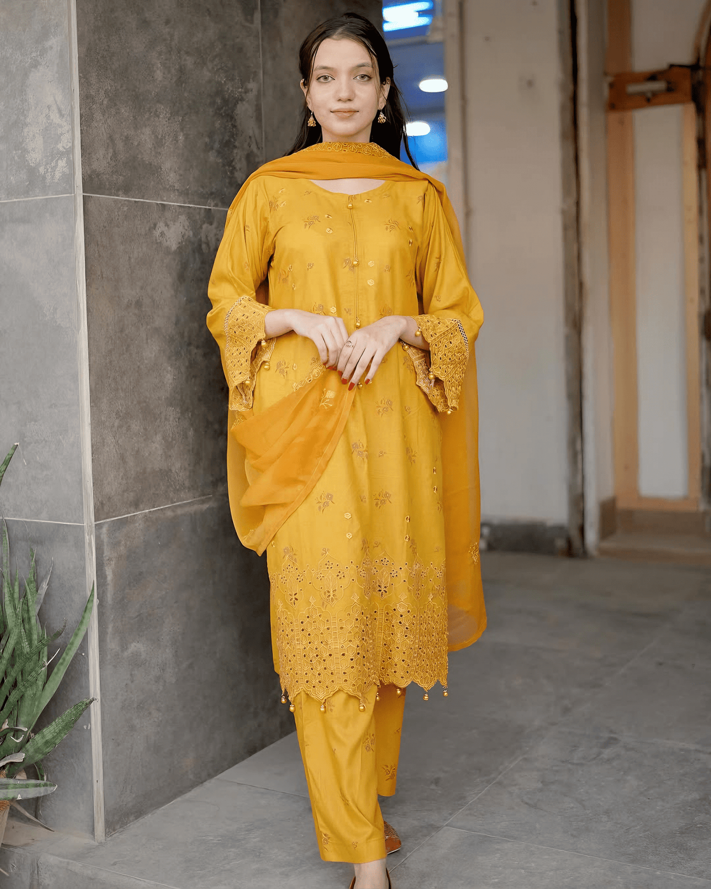 Mustard Elegance – Premium Cotton Chikankari Kurta Set with Embroidered Dupatta - Qalbi Loom