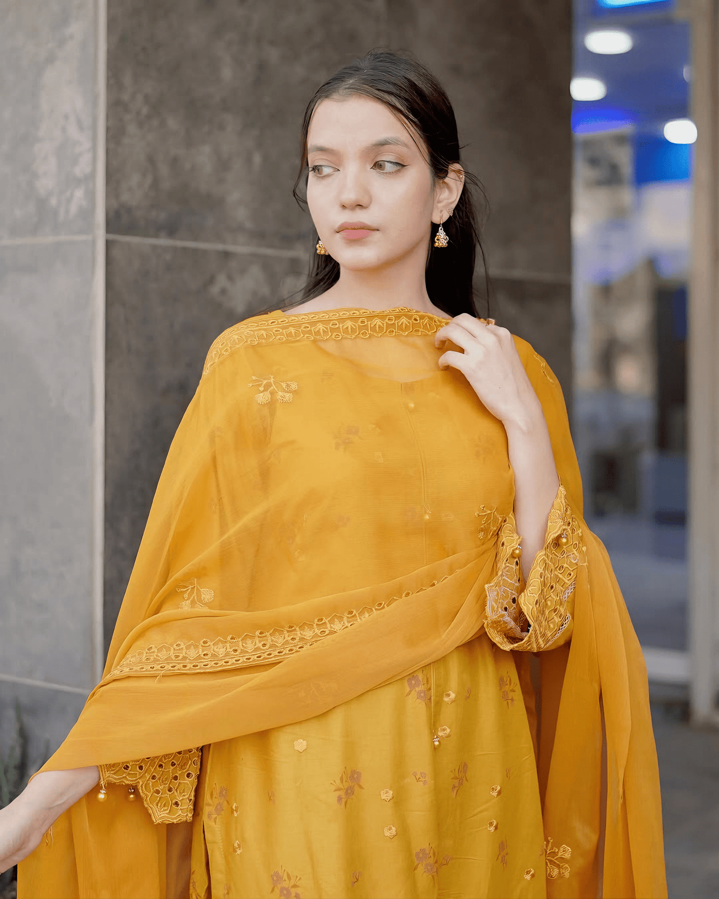 Mustard Elegance – Premium Cotton Chikankari Kurta Set with Embroidered Dupatta - Qalbi Loom