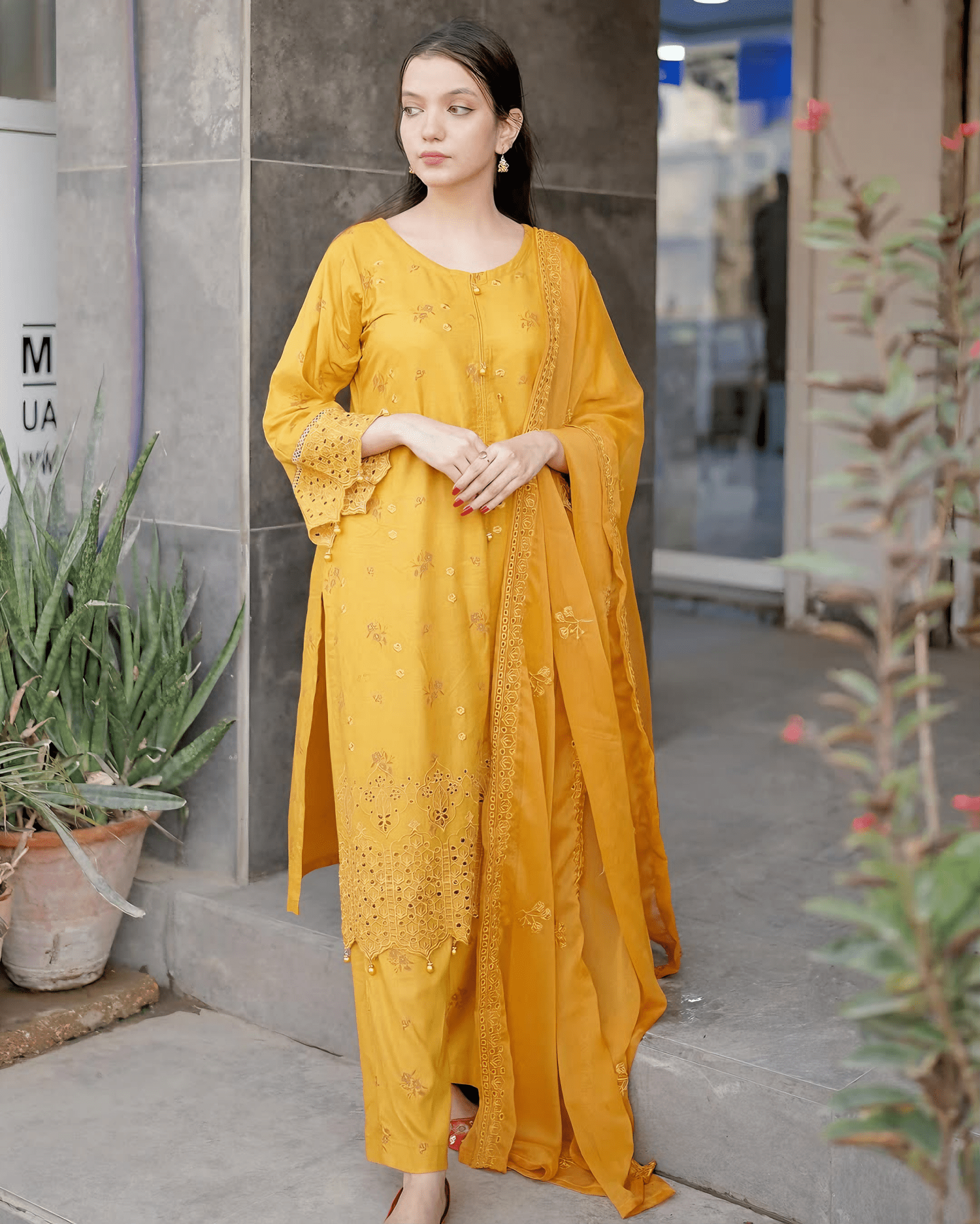 Mustard Elegance – Premium Cotton Chikankari Kurta Set with Embroidered Dupatta - Qalbi Loom