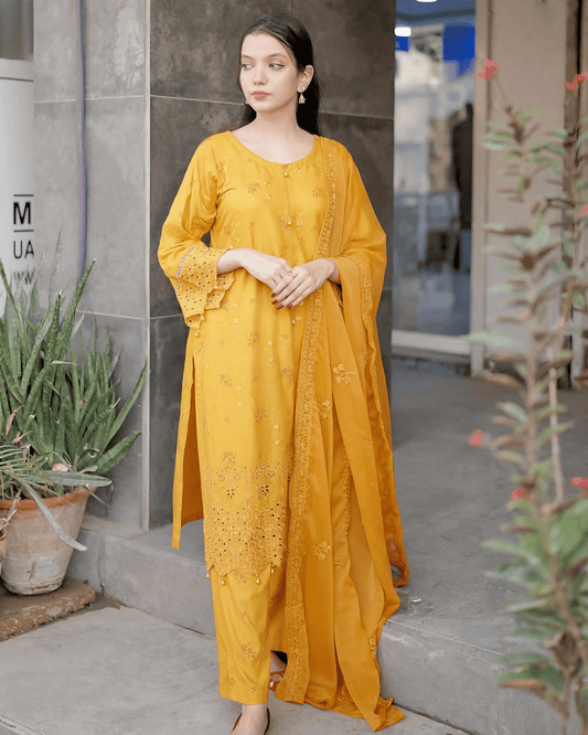 Mustard Elegance – Premium Cotton Chikankari Kurta Set with Embroidered Dupatta - Qalbi Loom