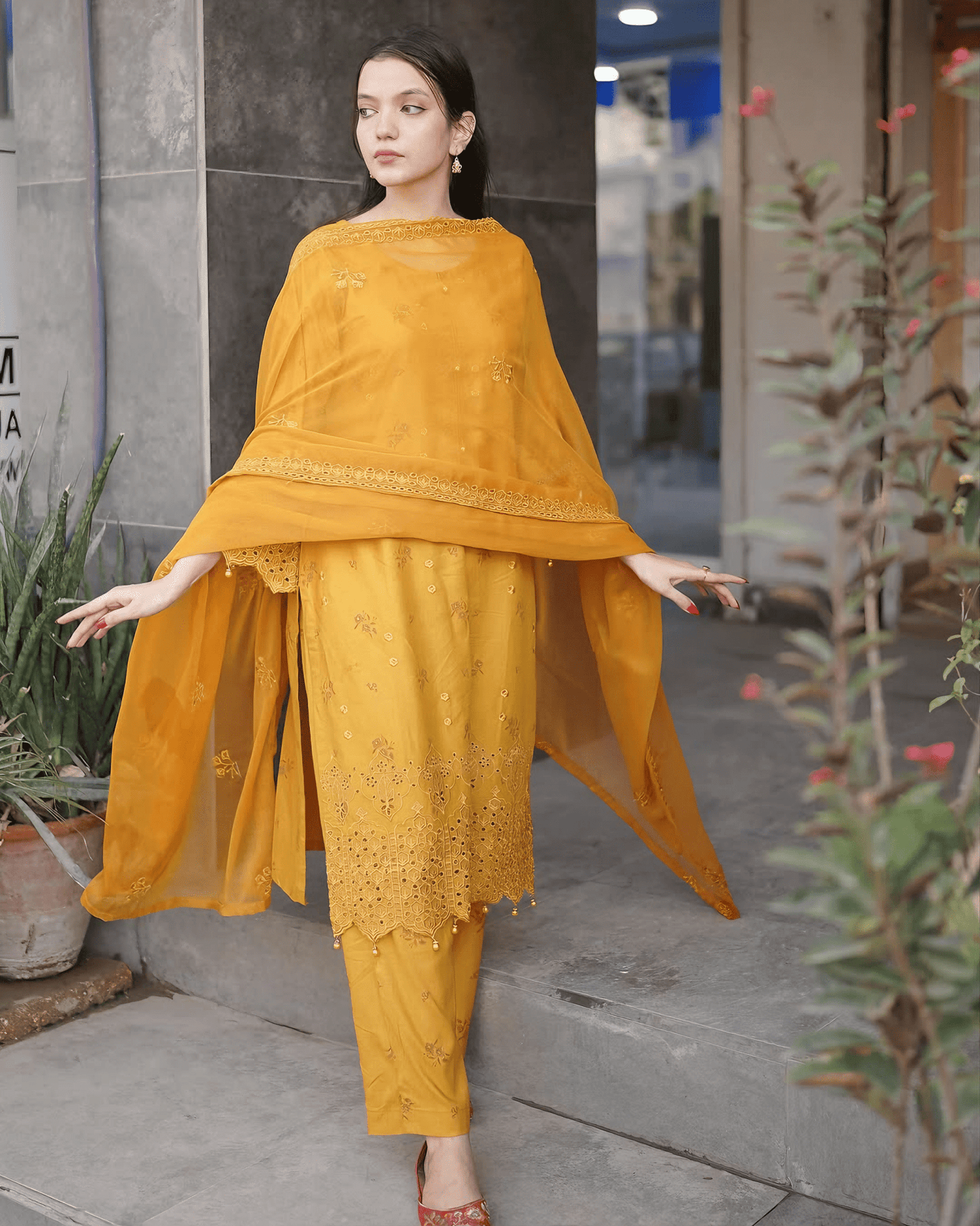 Mustard Elegance – Premium Cotton Chikankari Kurta Set with Embroidered Dupatta - Qalbi Loom