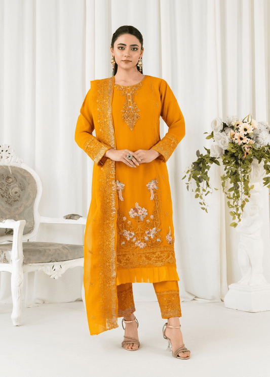 Noor - e - Amber – Mustard Chiffon - Qalbi Loom