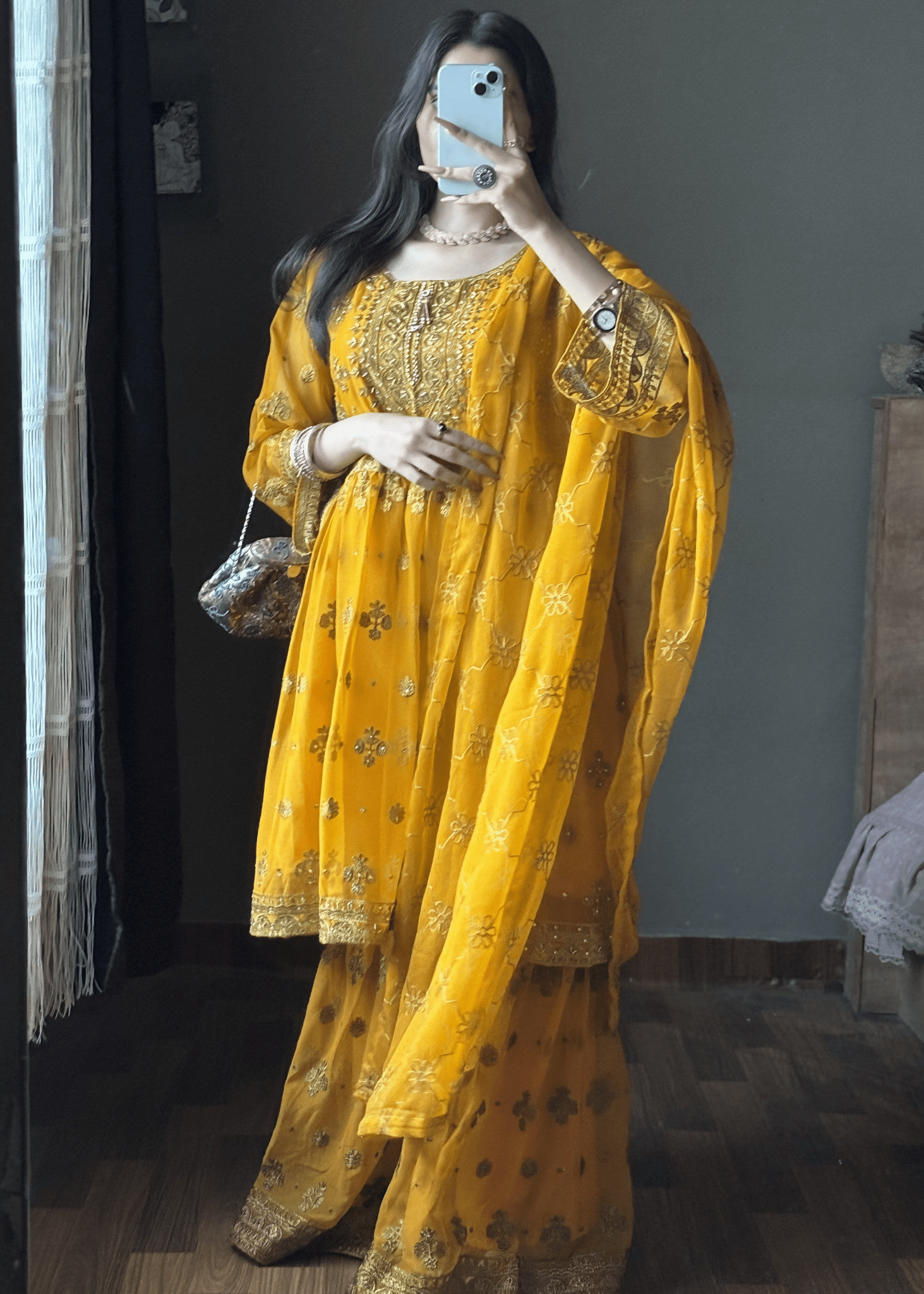 Noor - e - Amber – Mustard Embroidered Chiffon Gharara Set - Qalbi Loom