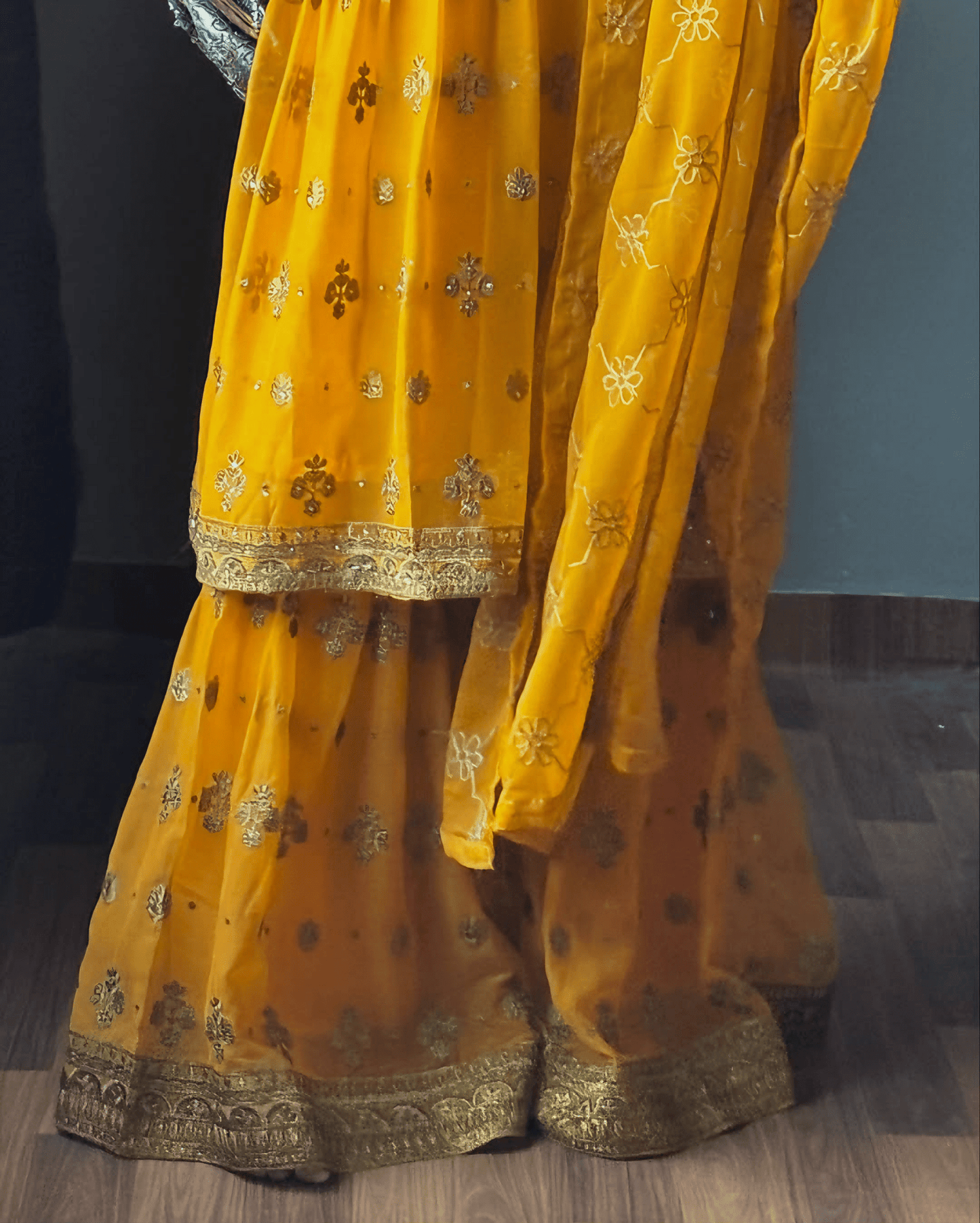 Noor - e - Amber – Mustard Embroidered Chiffon Gharara Set - Qalbi Loom