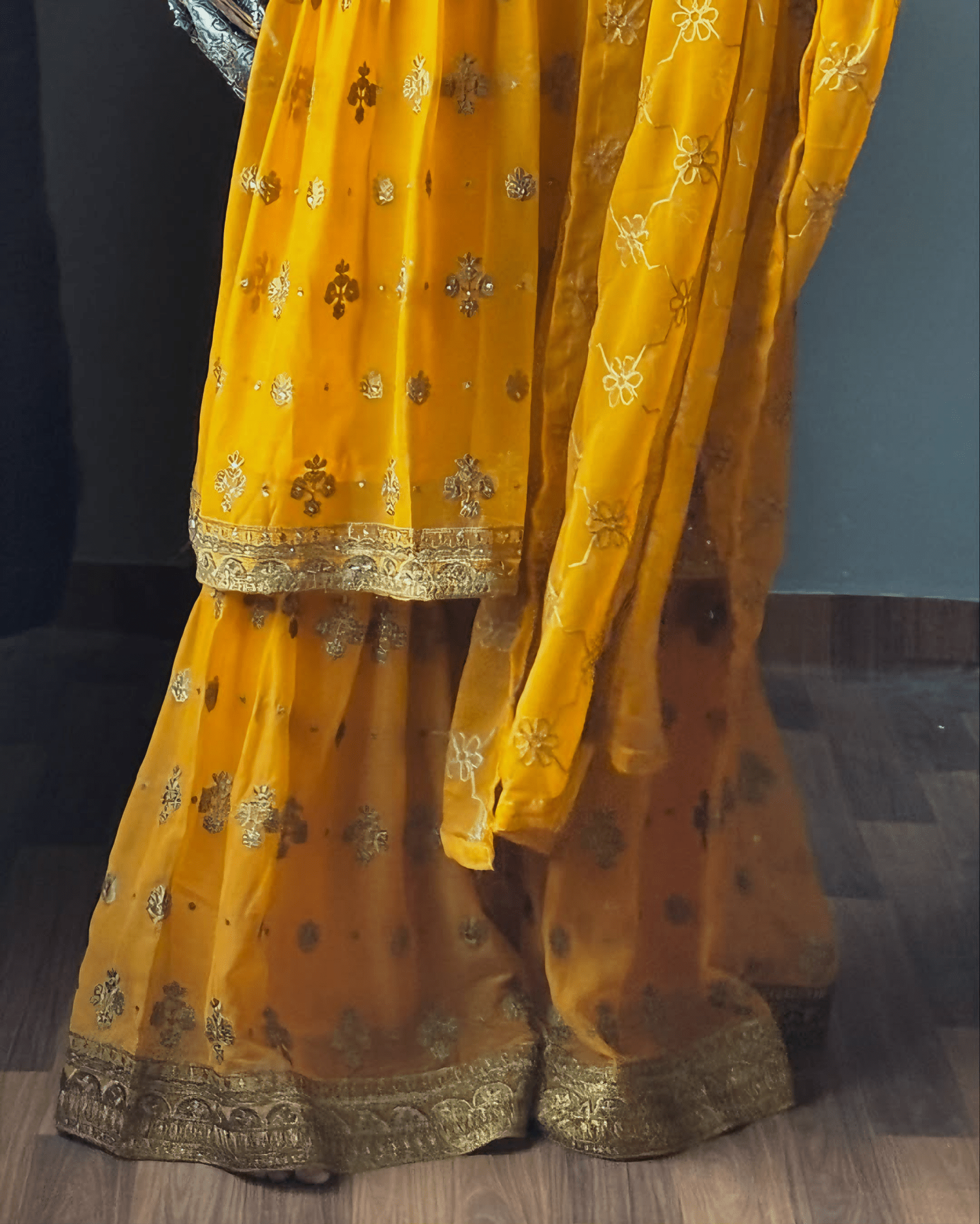 Noor - e - Amber – Mustard Embroidered Chiffon Gharara Set - Qalbi Loom