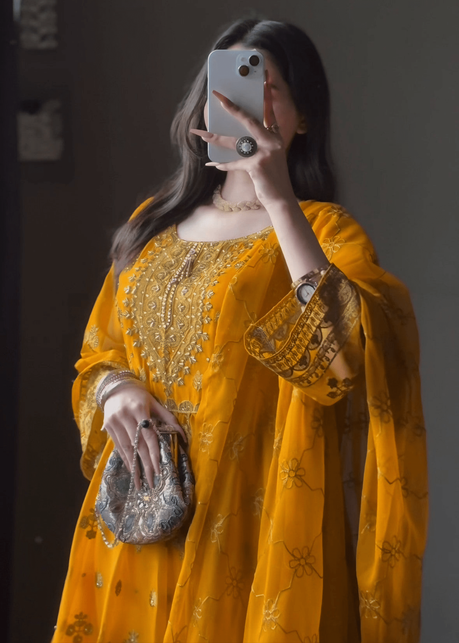 Noor - e - Amber – Mustard Embroidered Chiffon Gharara Set - Qalbi Loom