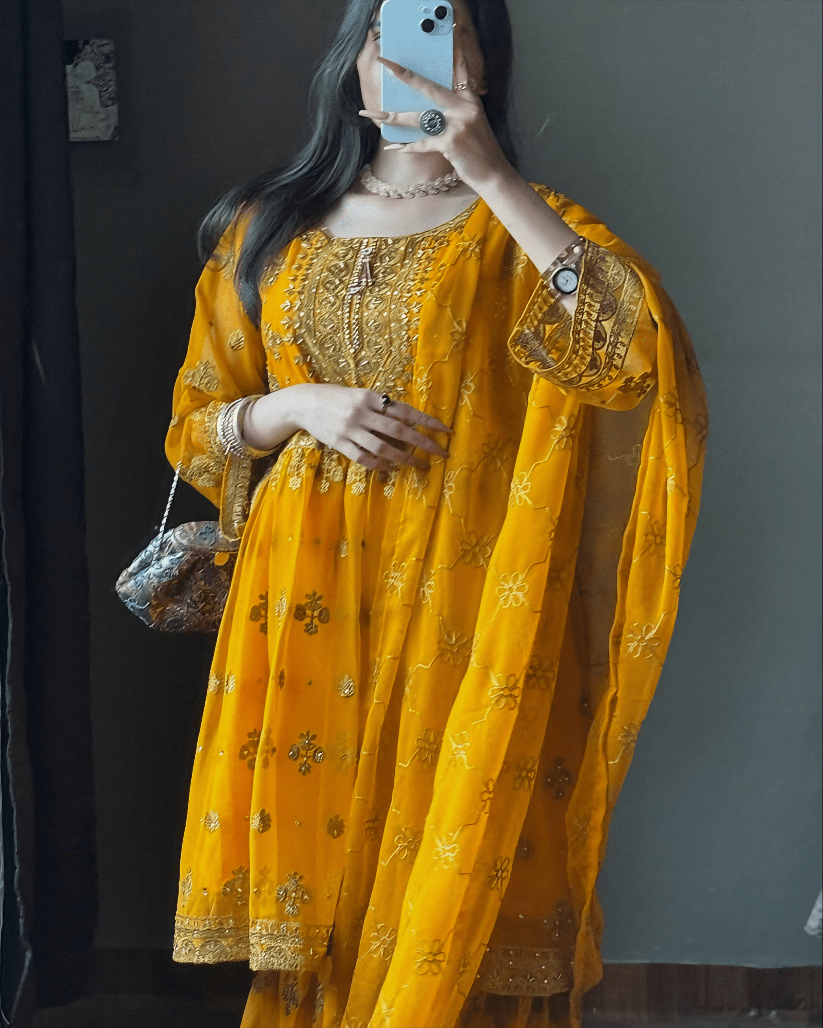 Noor - e - Amber – Mustard Embroidered Chiffon Gharara Set - Qalbi Loom