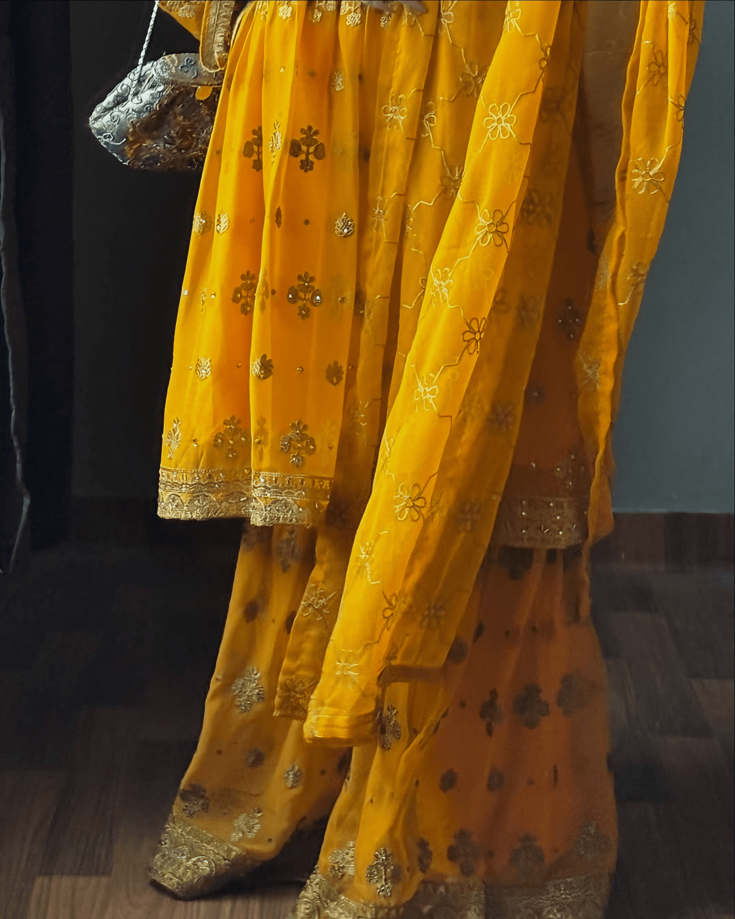 Noor - e - Amber – Mustard Embroidered Chiffon Gharara Set - Qalbi Loom