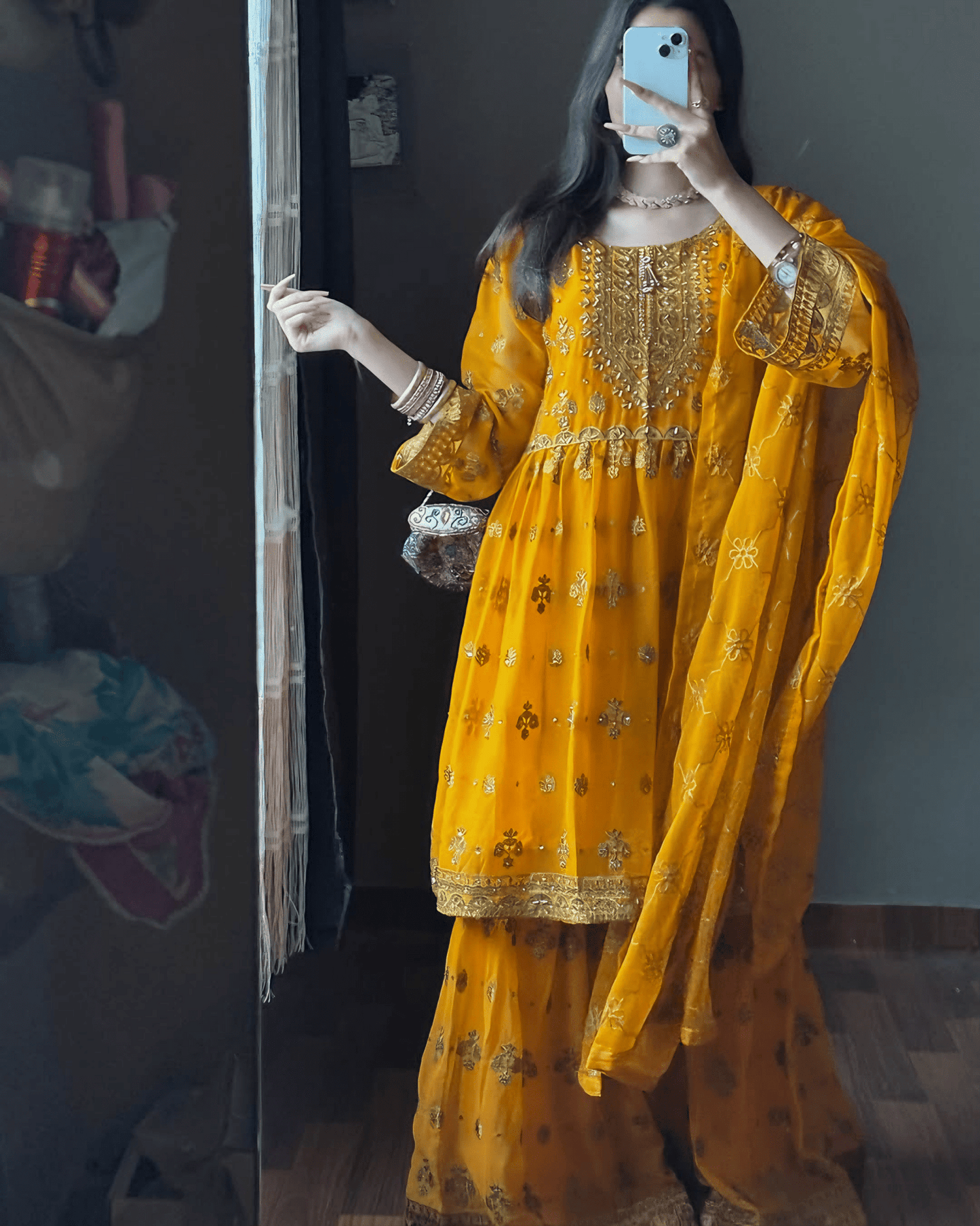 Noor - e - Amber – Mustard Embroidered Chiffon Gharara Set - Qalbi Loom