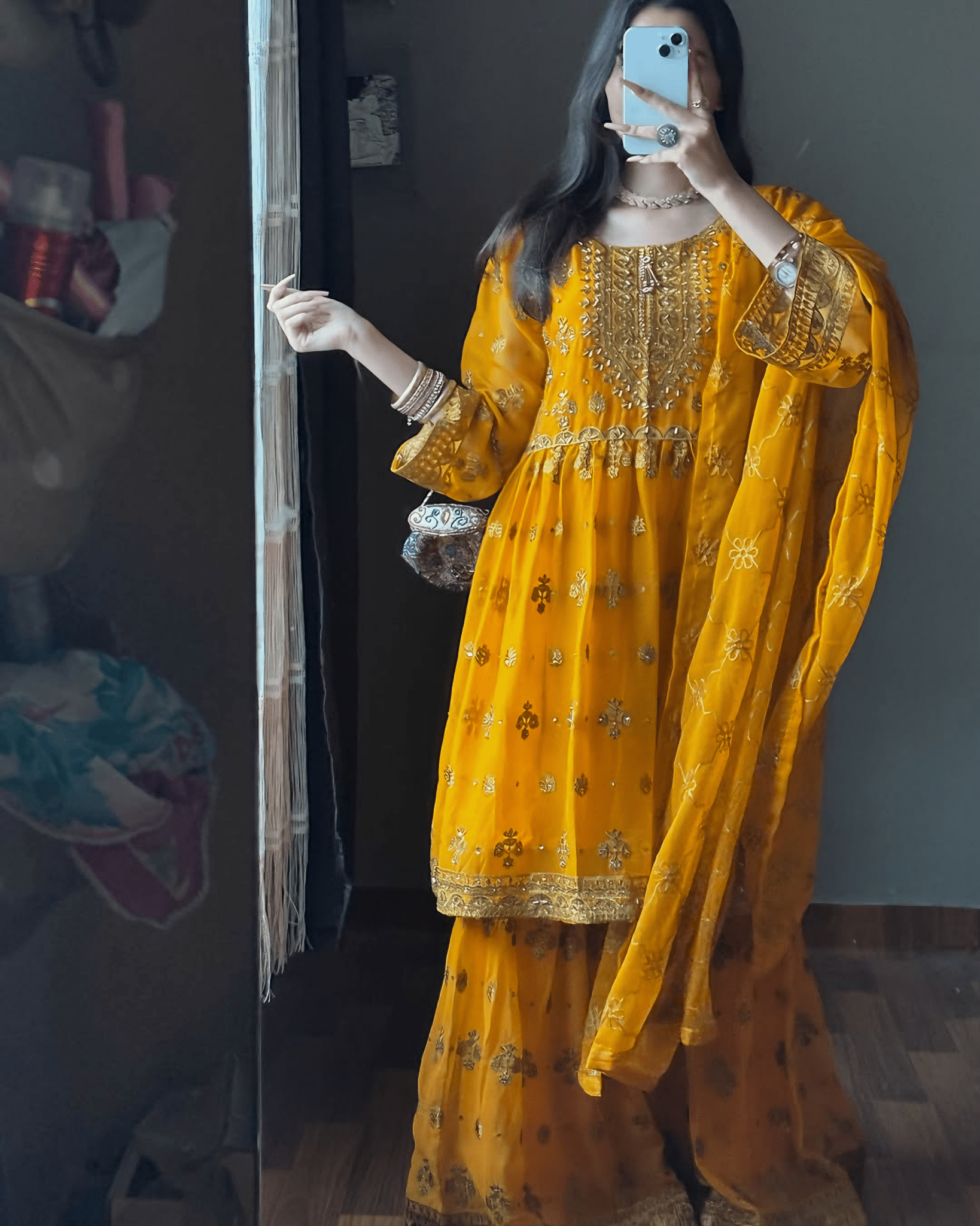 Noor - e - Amber – Mustard Embroidered Chiffon Gharara Set - Qalbi Loom